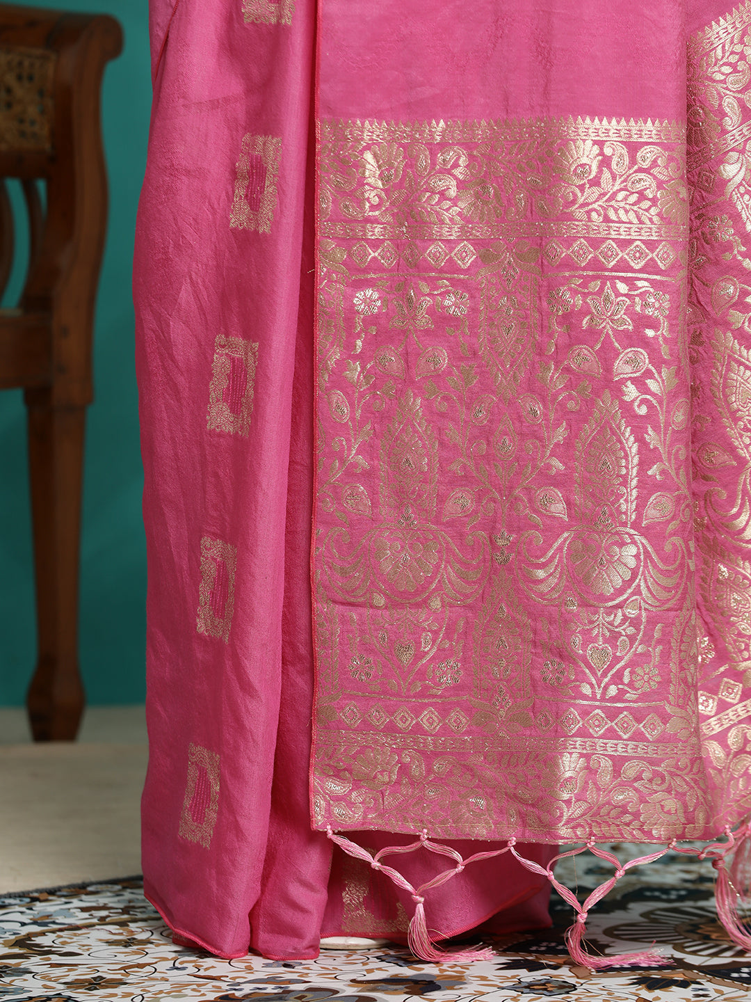 Pink Zari Woven Cotton Blend Banarasi Saree