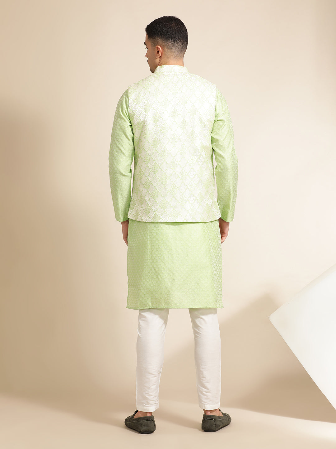 Pista Green Silk Blend Kurta With Woven Design Nehru Jacket Set