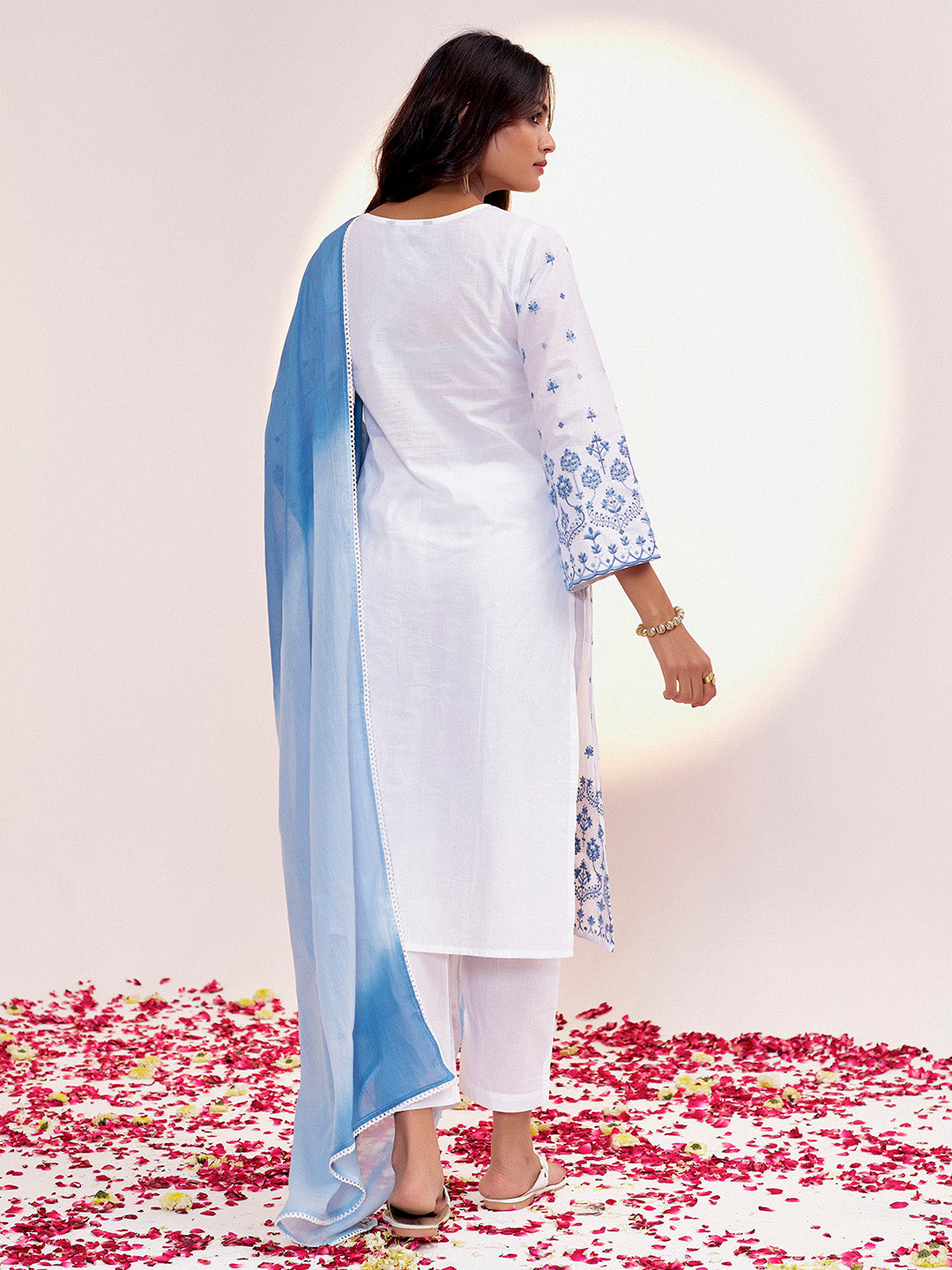 White & Blue Threadwork Embroidered Cotton Kurta Set With Dupatta