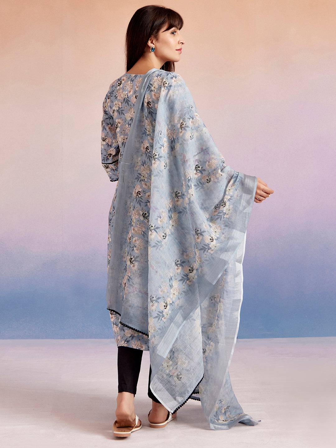 Blue Floral Printed Kurta Set With Dupatta