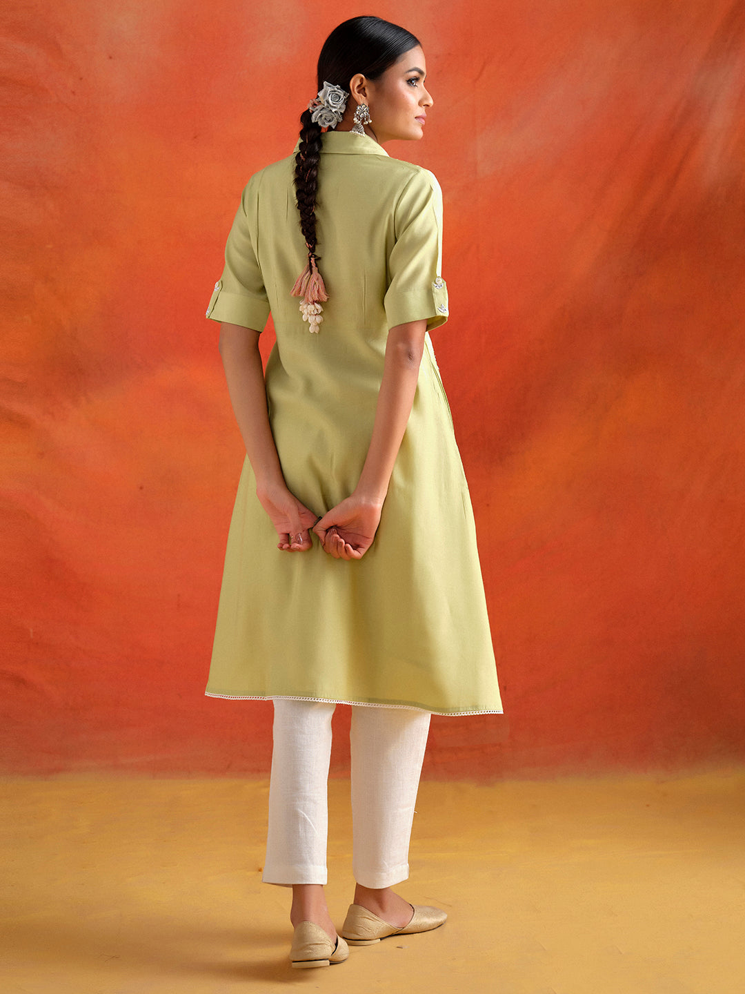 Lime Green Mirror Work Viscose Chanderi A-line Kurta