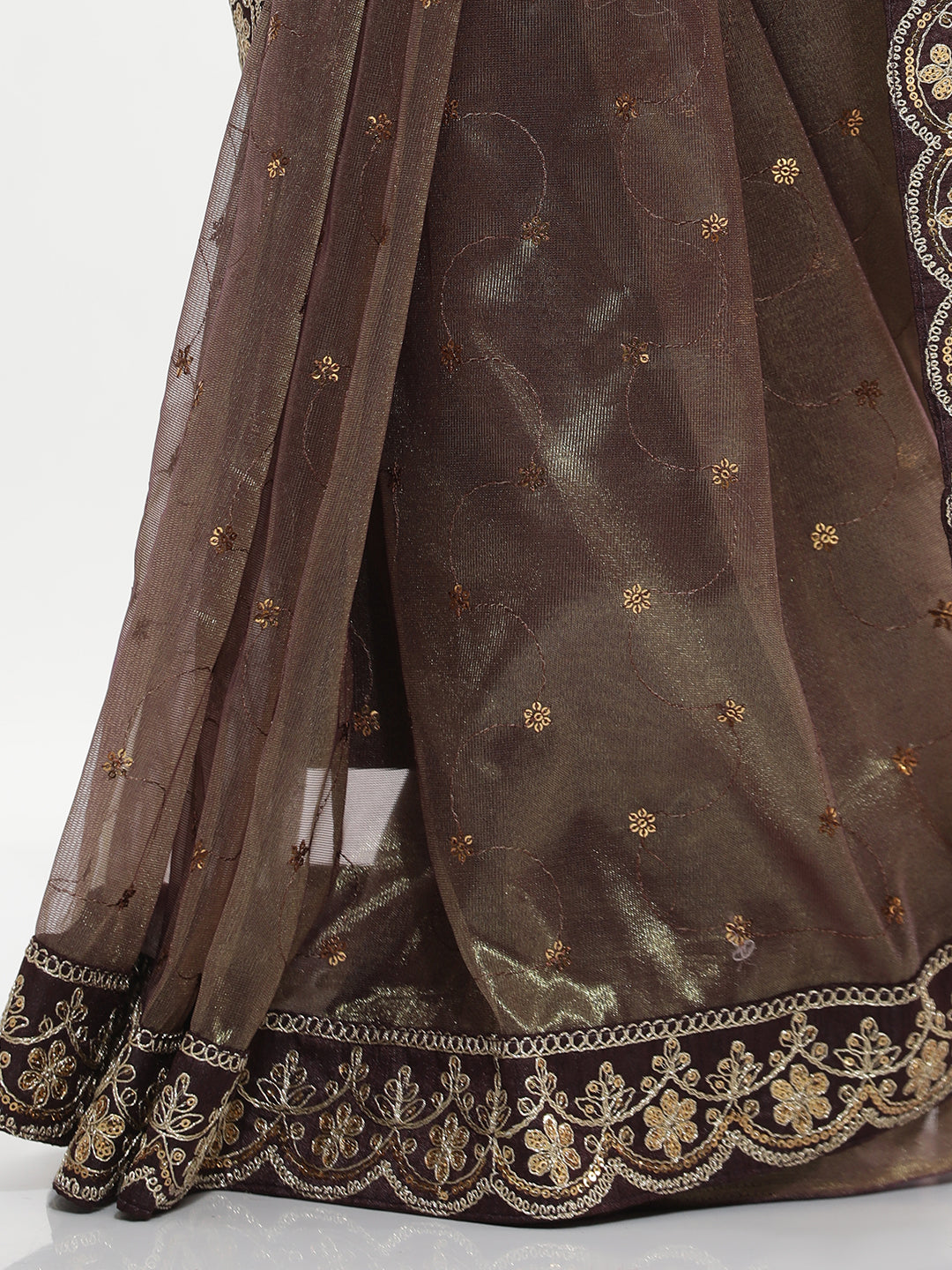 Brown Sequin Embroidered Net Party Wear Saree