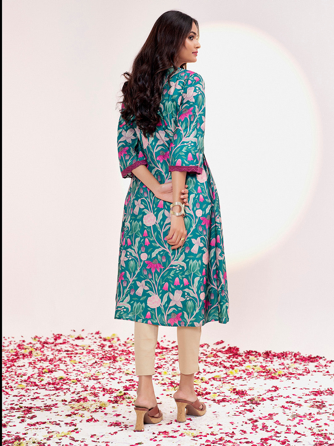 Green Botanical Printed A-line Kurta