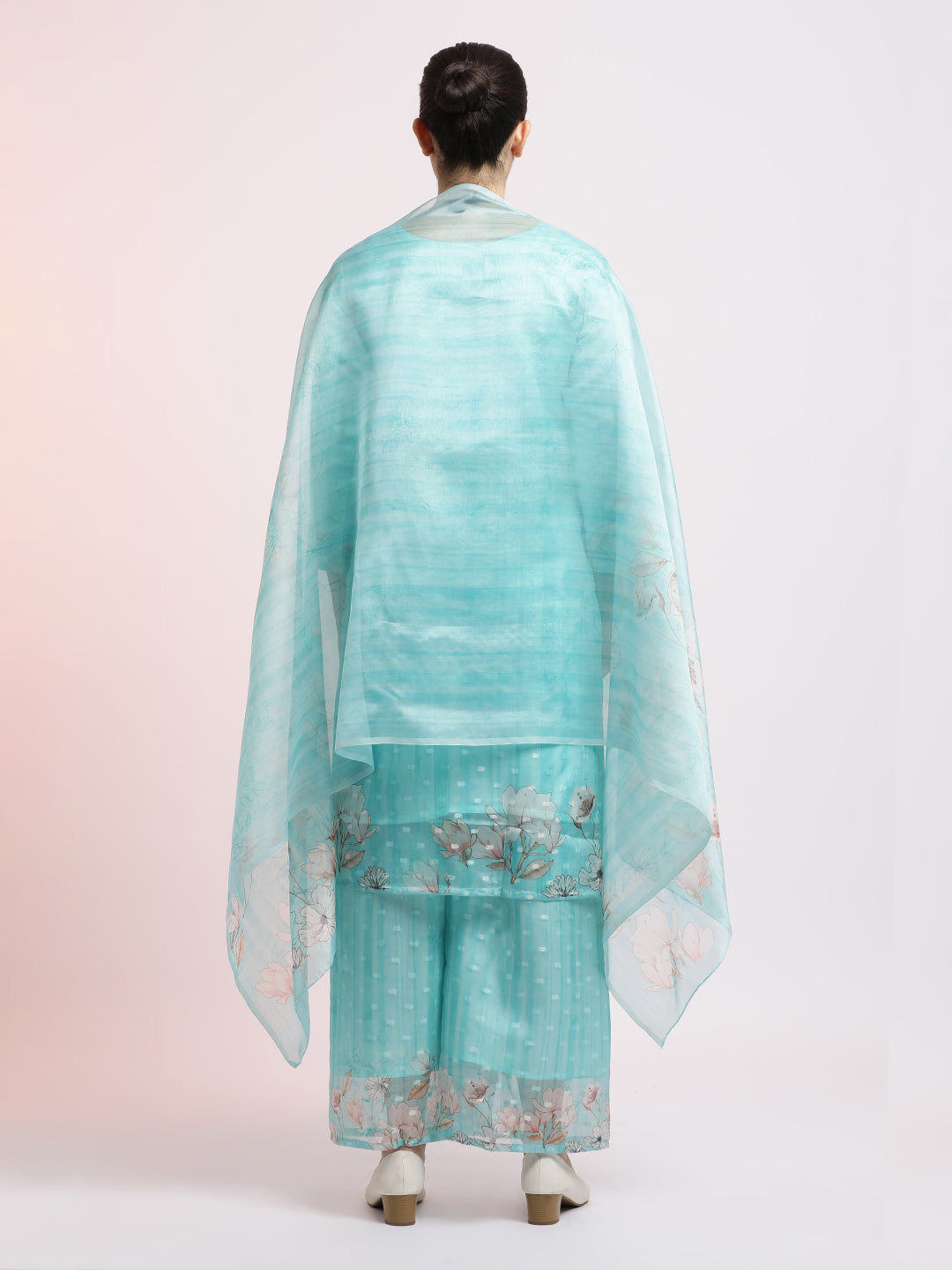 Sea Green Woven Design Organza Kurta Set With Dupatta