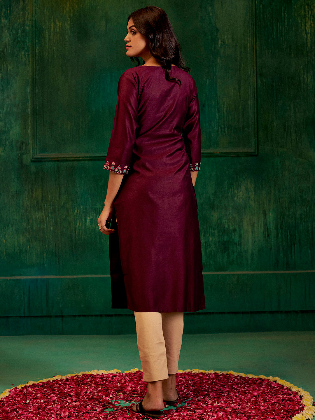 Burgundy Self Woven Embroidered Straight Kurta