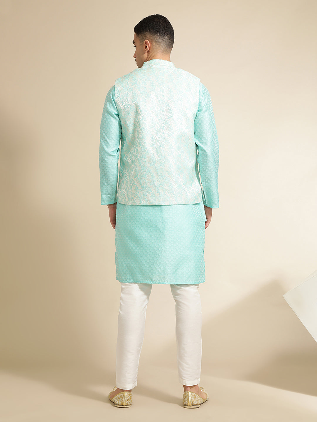 Sea Green Silk Blend Kurta With Woven Design Nehru Jacket Set