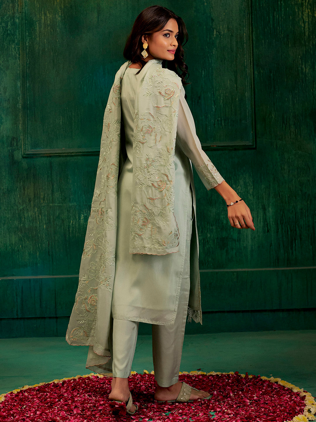 Mint Green Hand Embroidered Festive Kurta Set With Dupatta