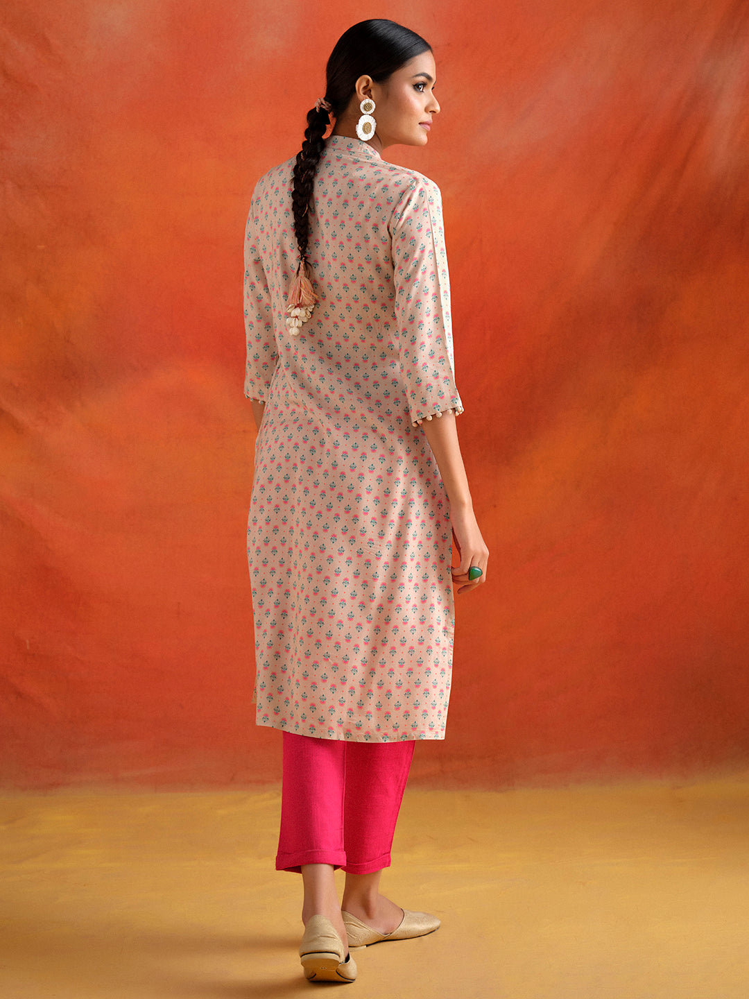 Beige Ethnic Motif Printed Straight Kurta