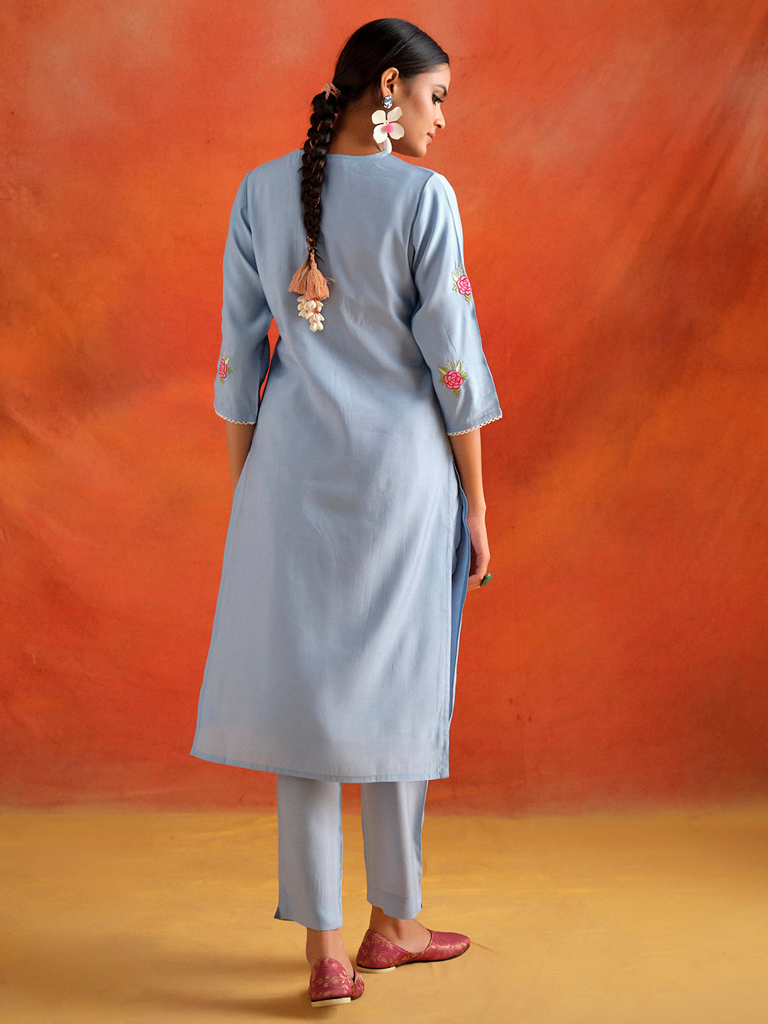 Blue Embroidered Viscose Chanderi Festive Kurta Set