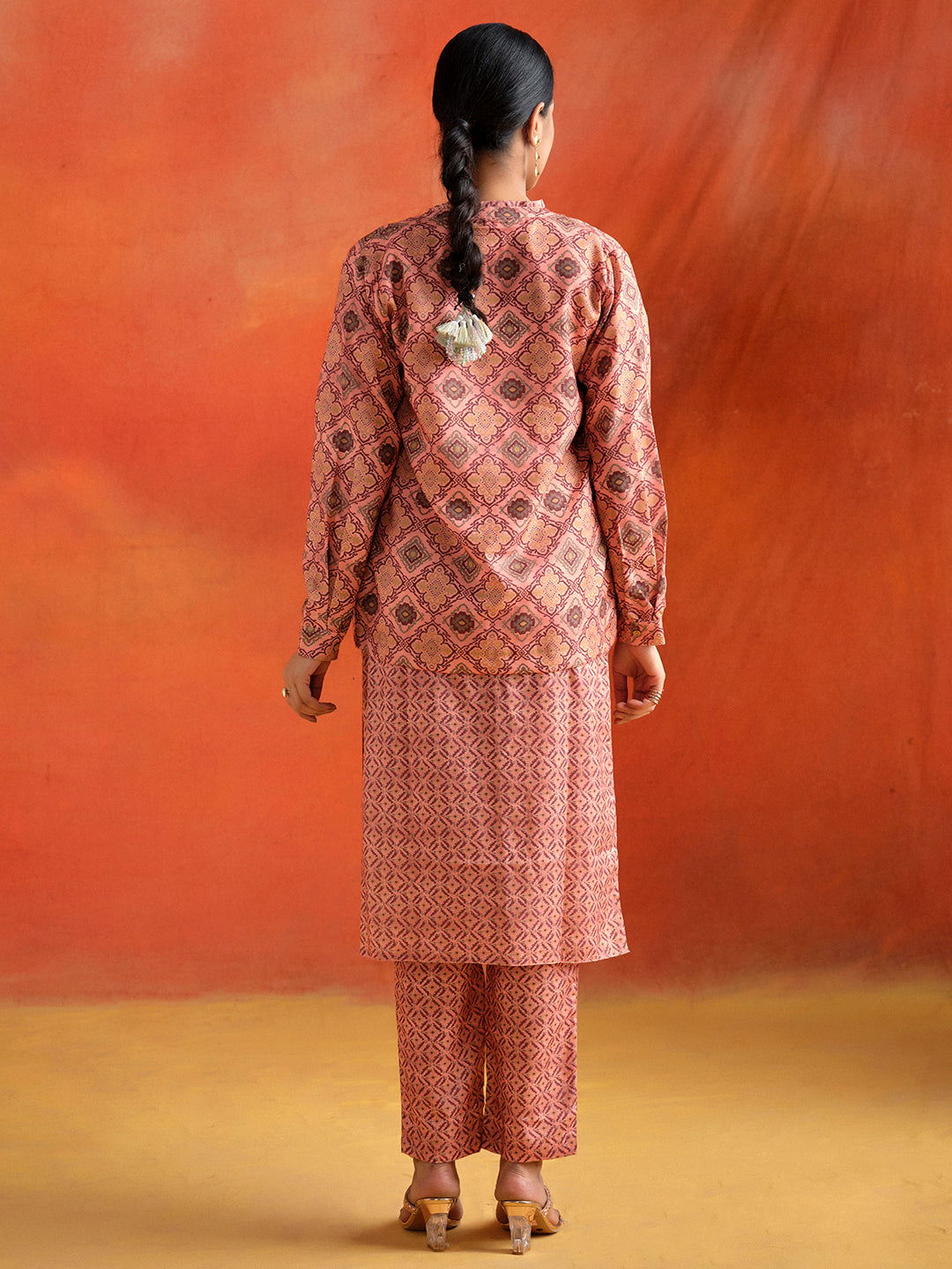 Dusty Peach Geometric Printed Kurta Set With Jacket Co-ord Set