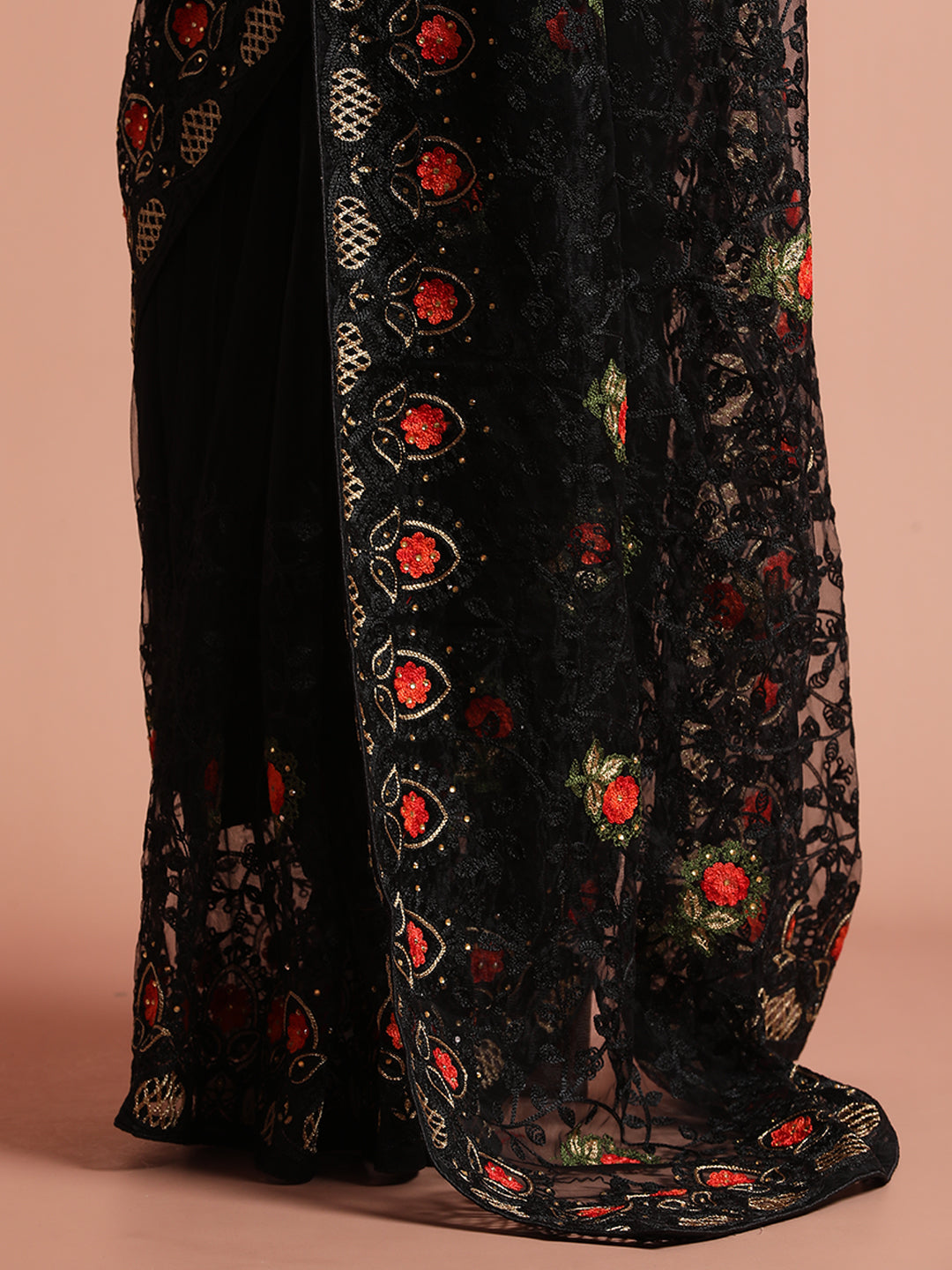 Heavy Floral Embroidered Net Party Wear Black Saree