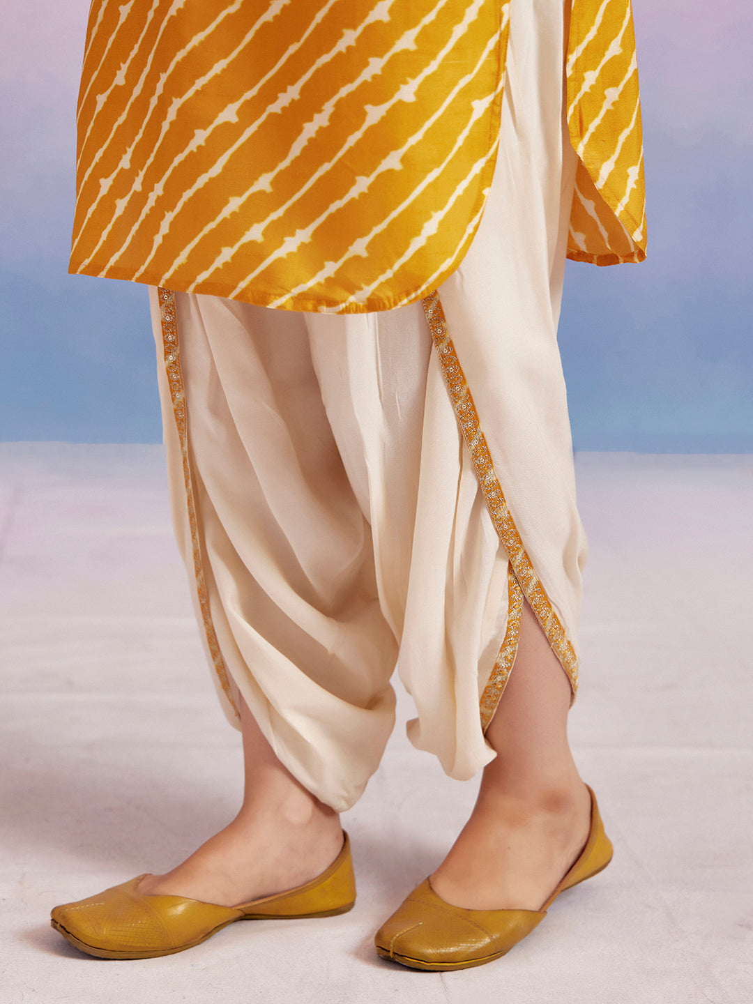 Mustard Embroidered Leheriya Kurta With Dhoti