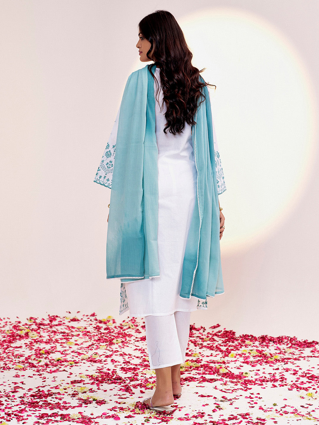 White & Green Threadwork Embroidered Cotton Kurta Set With Dupatta