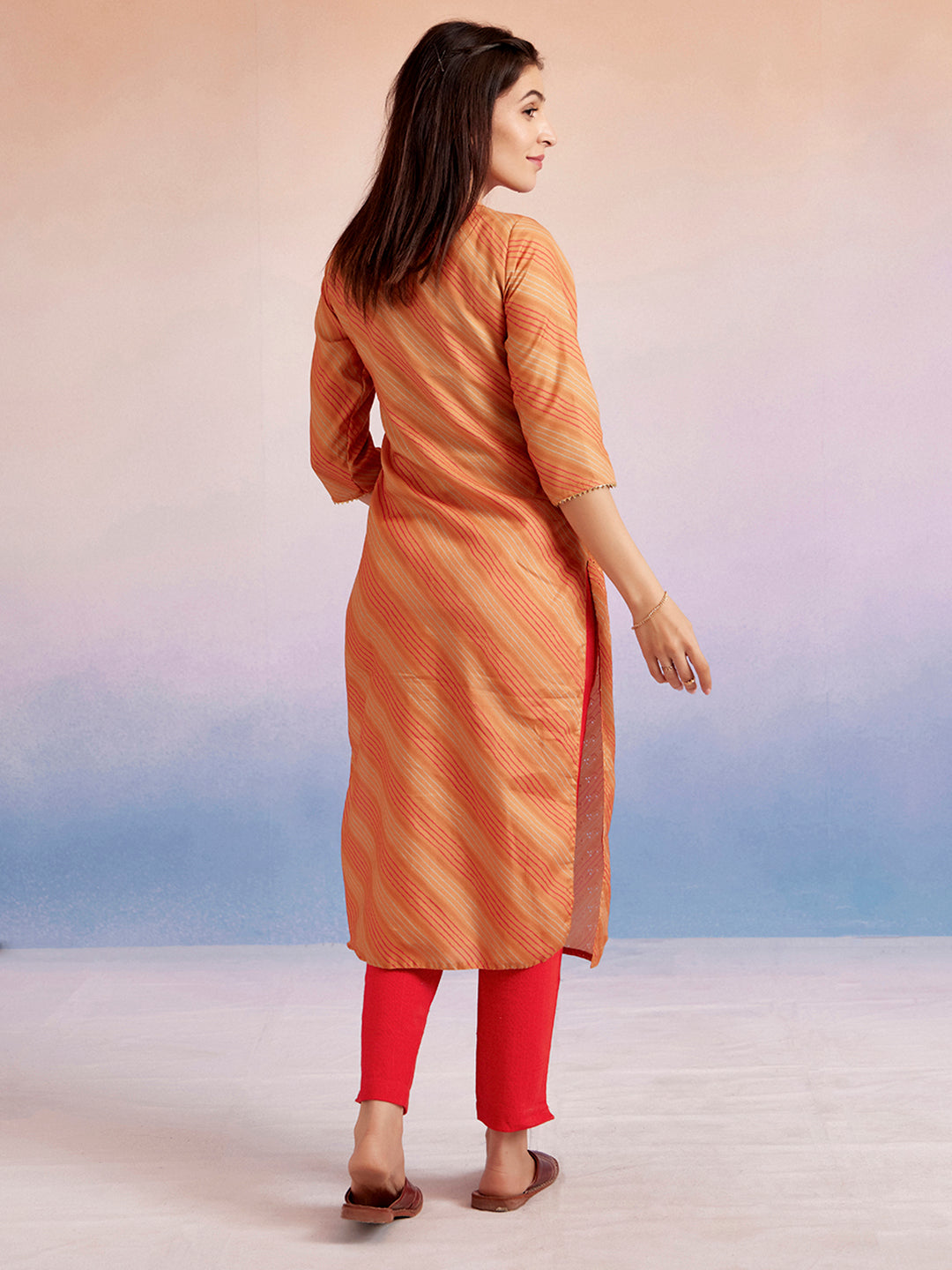 Leheriya Printed Schiffli Orange Straight Kurta