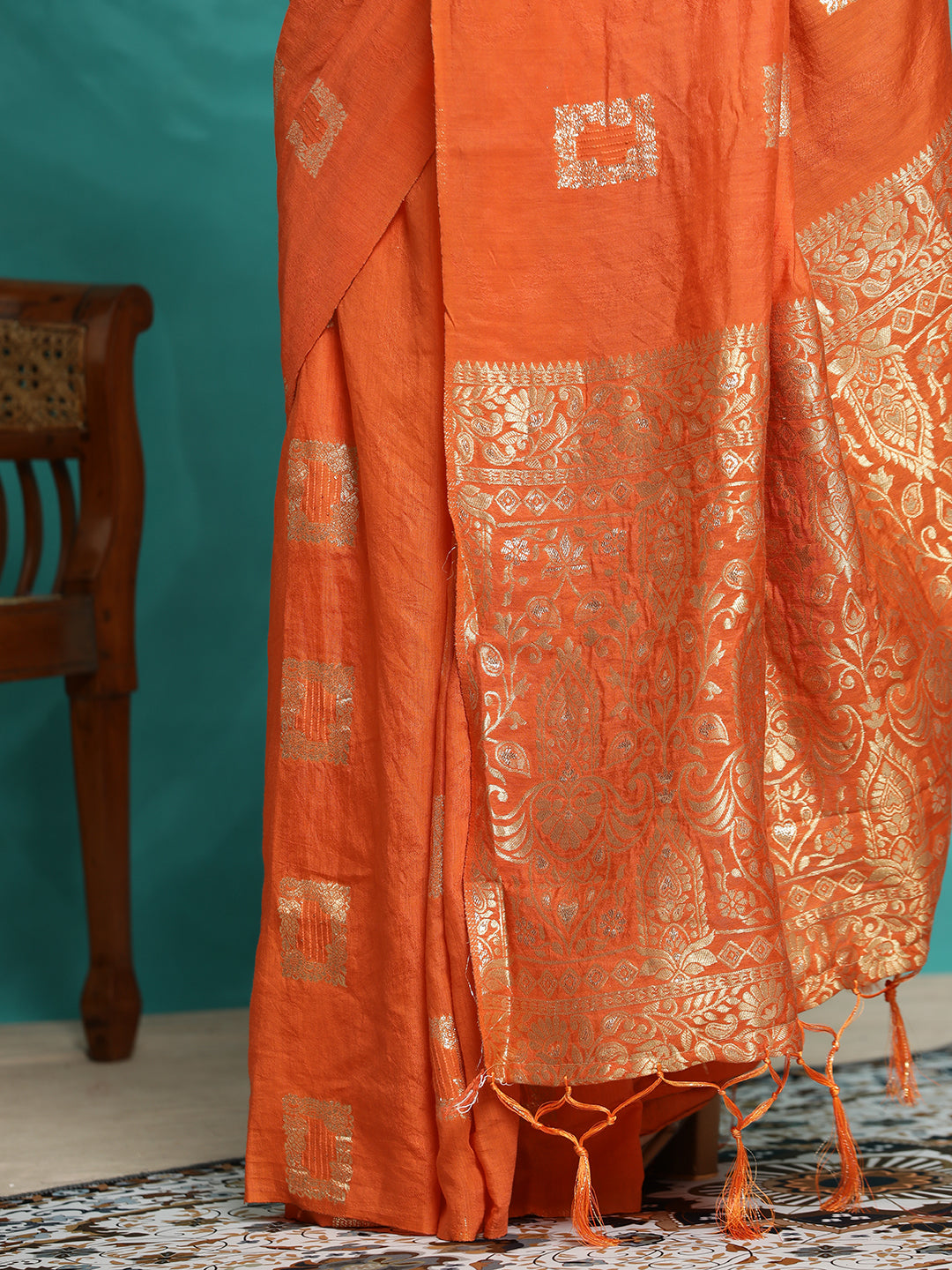 Orange Zari Woven Cotton Blend Banarasi Saree