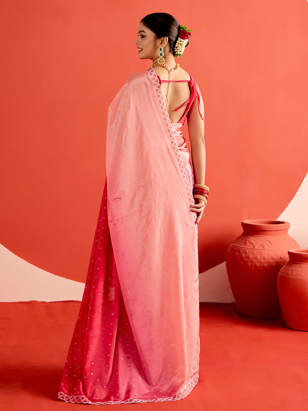 Satin Siroski Work Party Wear Pink Saree