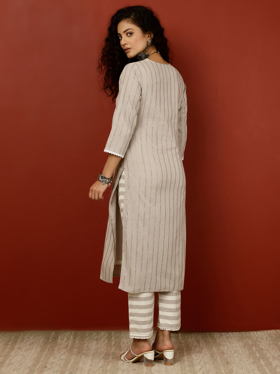 White & Brown Cotton Lurex Stripes Kurta Set