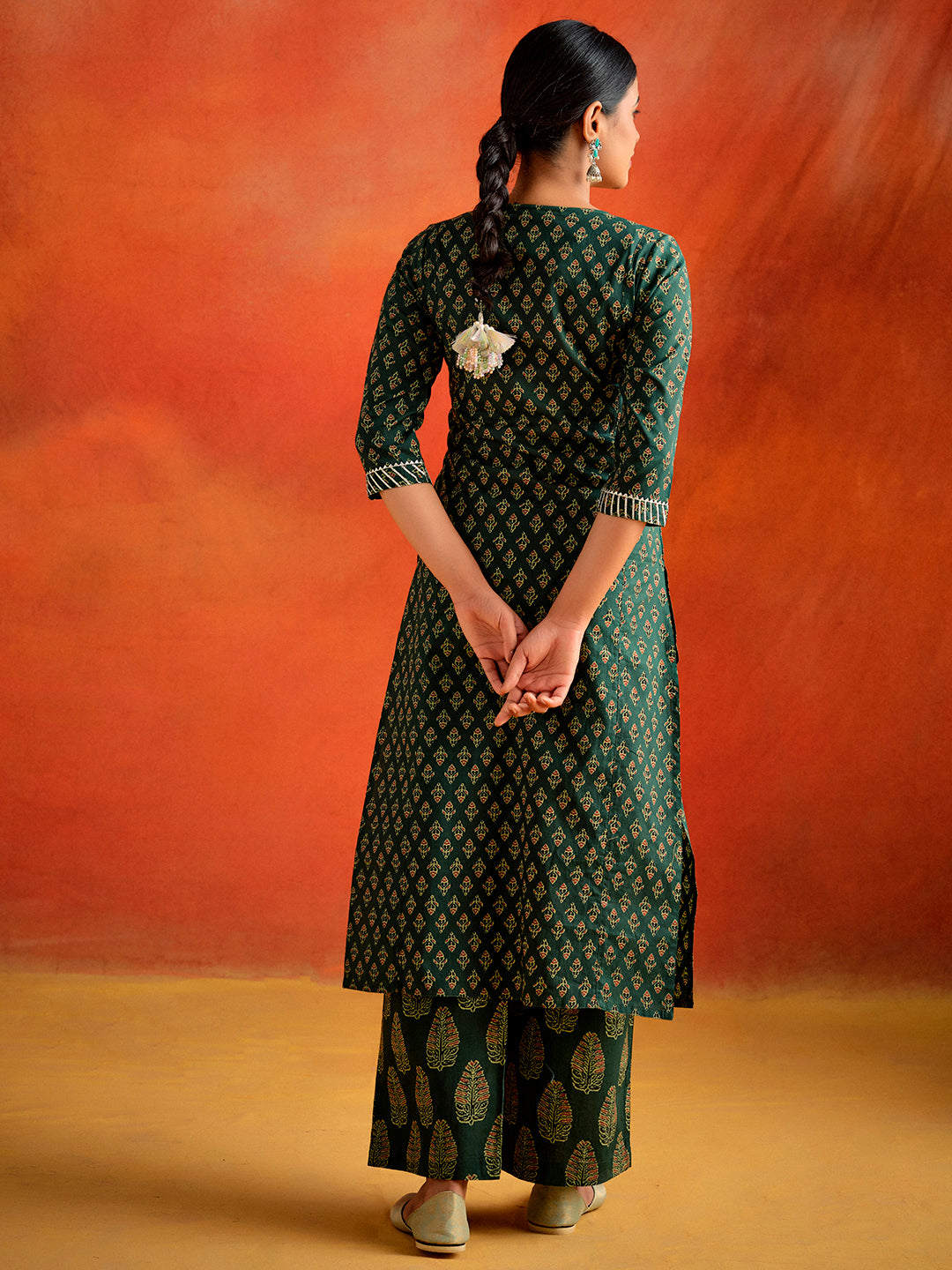 Dark Green Ethnic Motif Printed Straight Kurta With Palazzo