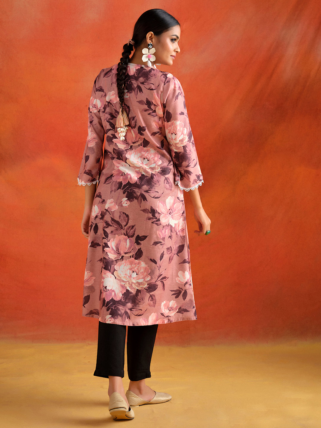 Peach Floral Printed A-line Kurta