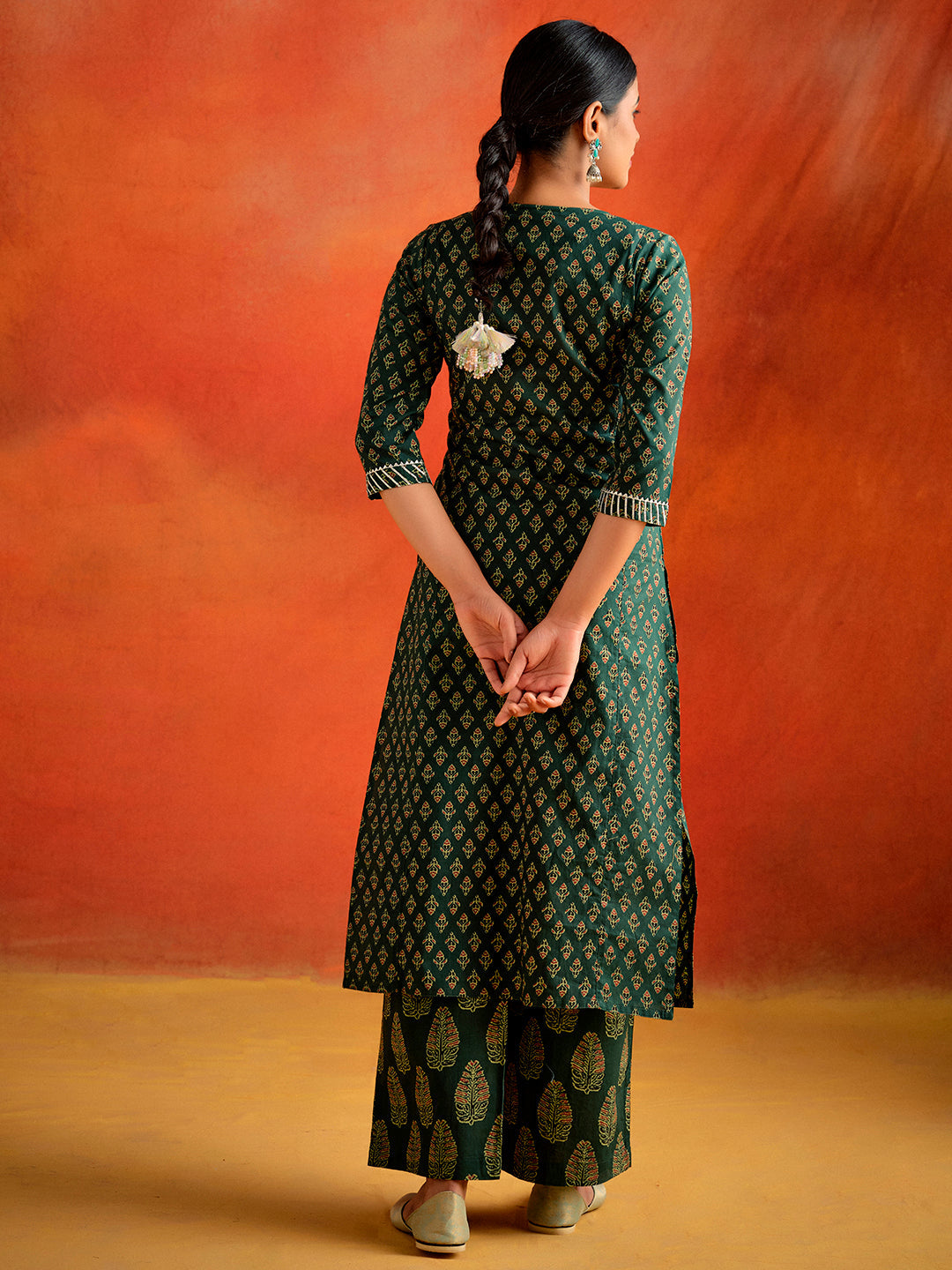 Dark Green Ethnic Motif Printed Straight Kurta With Palazzo