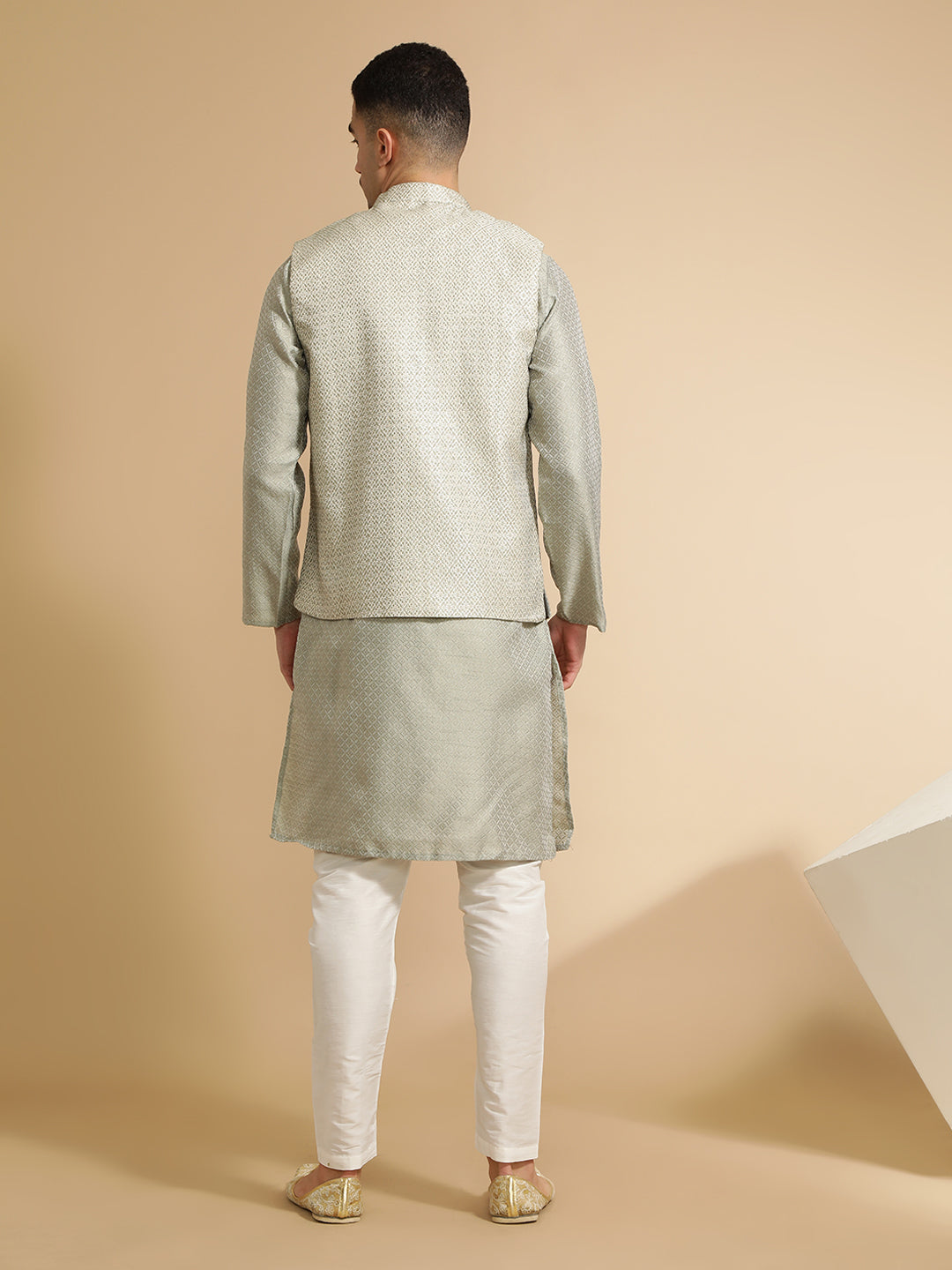 Light Grey Silk Blend Kurta With Woven Design Nehru Jacket Set