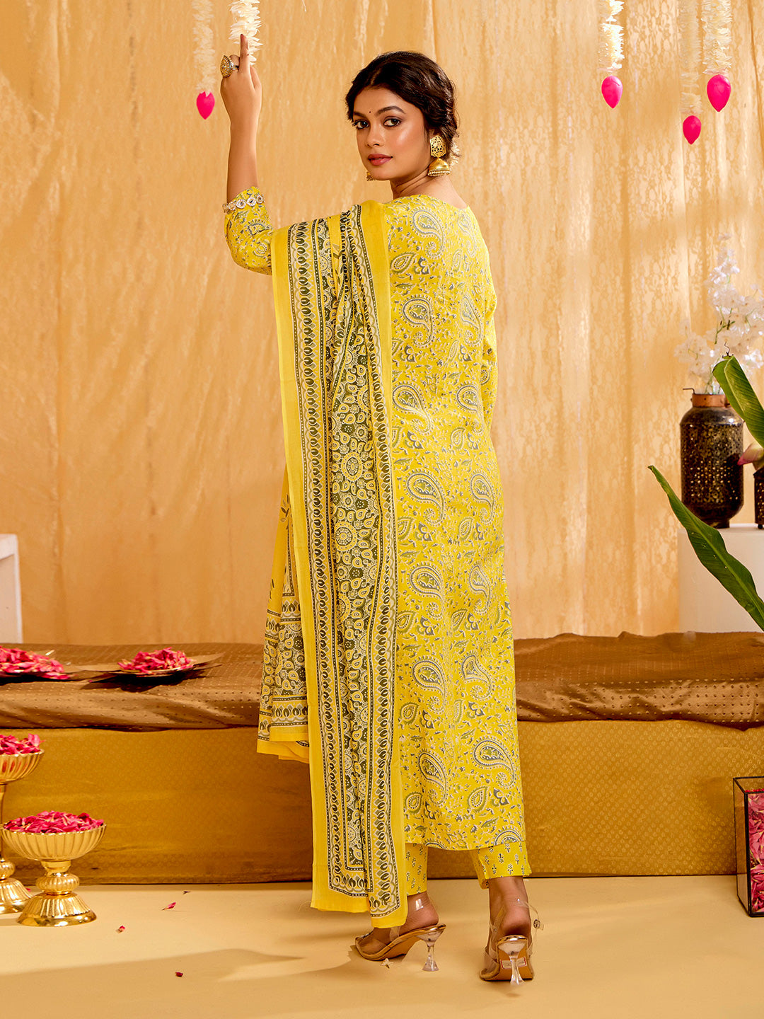 Yellow Ethnic Printed Pure Cotton Suit Set