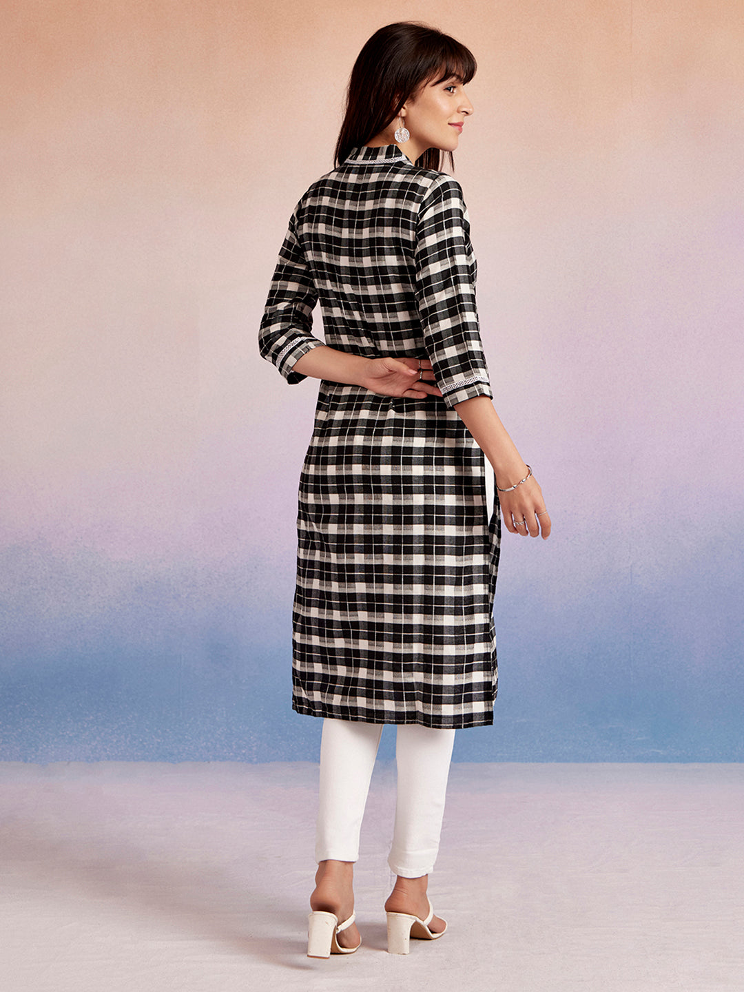 Cotton Blend Checked Straight Kurta