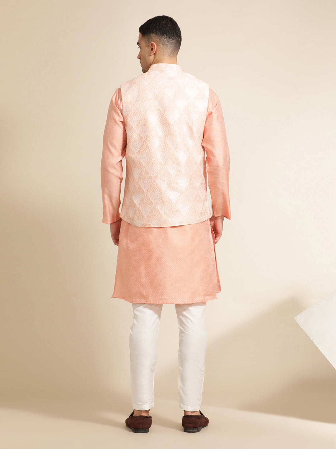 Peach Festive Kurta With Printed Nehru Jacket Set