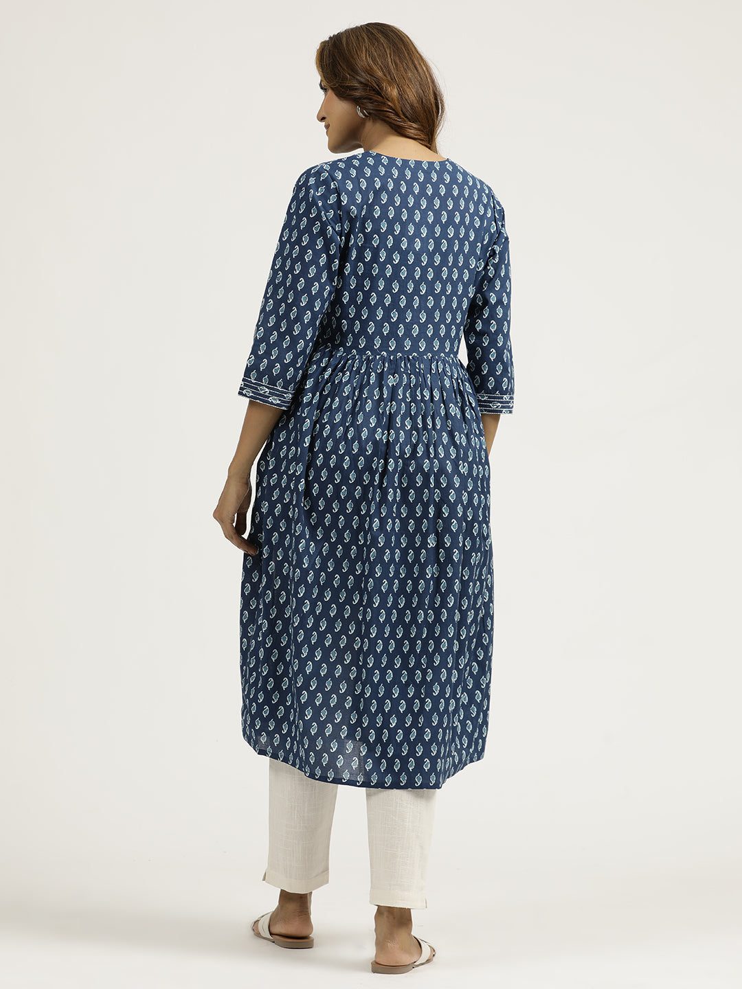 Ethnic Printed Indigo Gathered Cotton Kurta