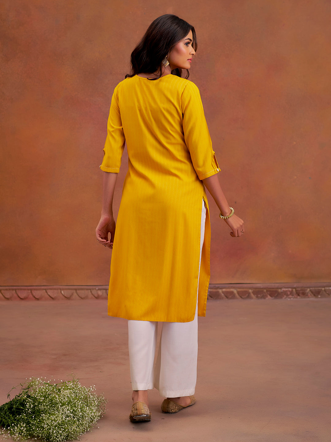 Mustard Self Woven Embroidered Straight Kurta