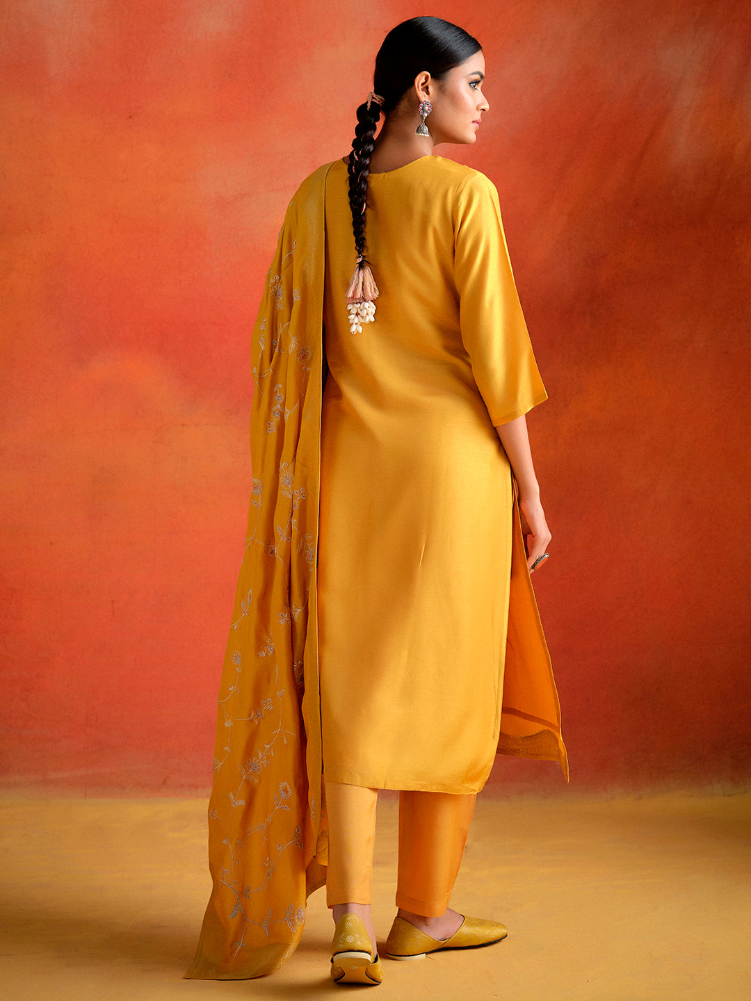 Mustard Hand Embroidered Festive Kurta Set With Dupatta