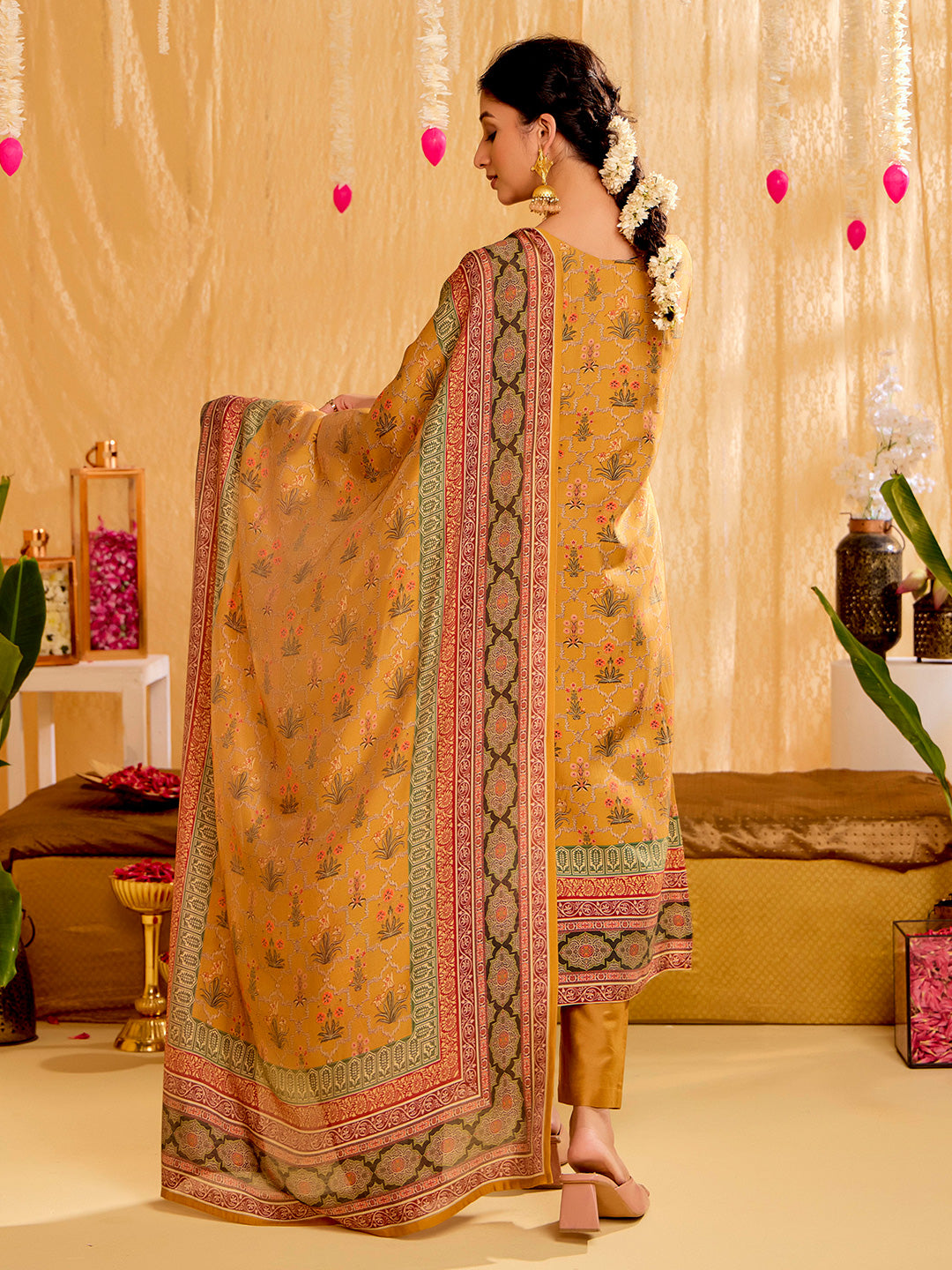 Mustard Embellished Ethnic Printed Festive  Kurta Set With Dupatta