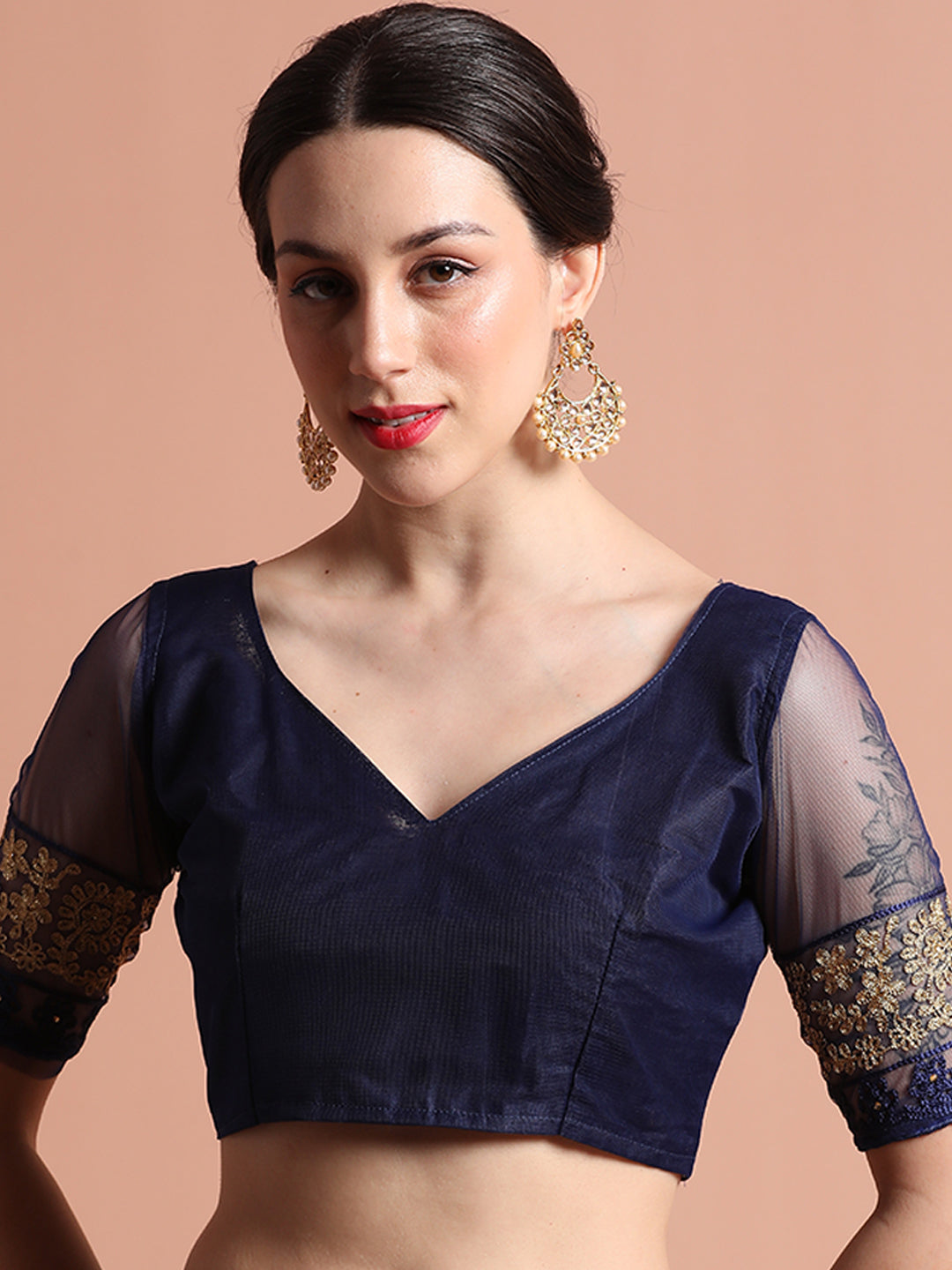 Navy Blue Floral Embroidered Net Party Wear Saree