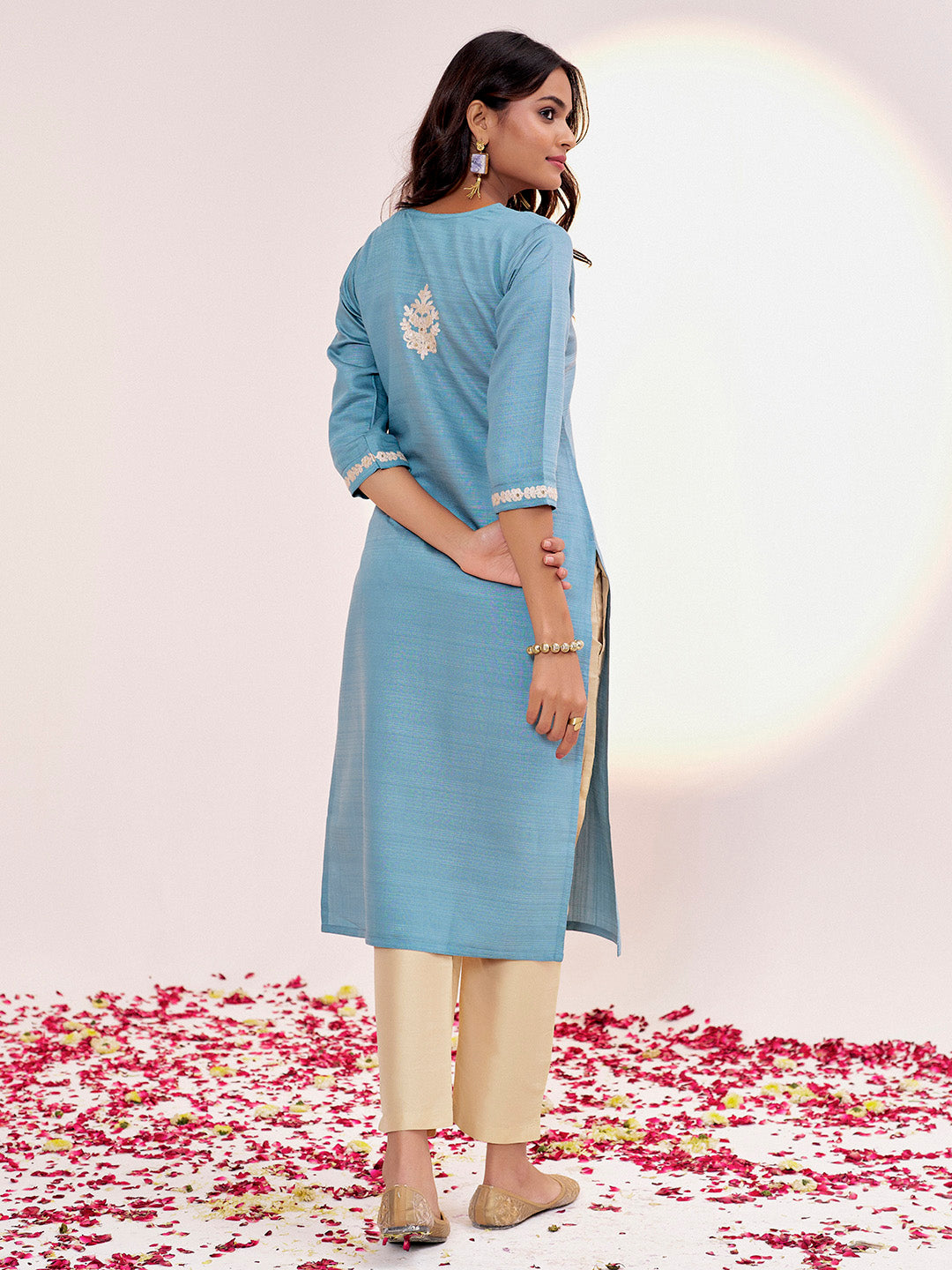 Blue Self Woven Dori Embroidered Kurta Set