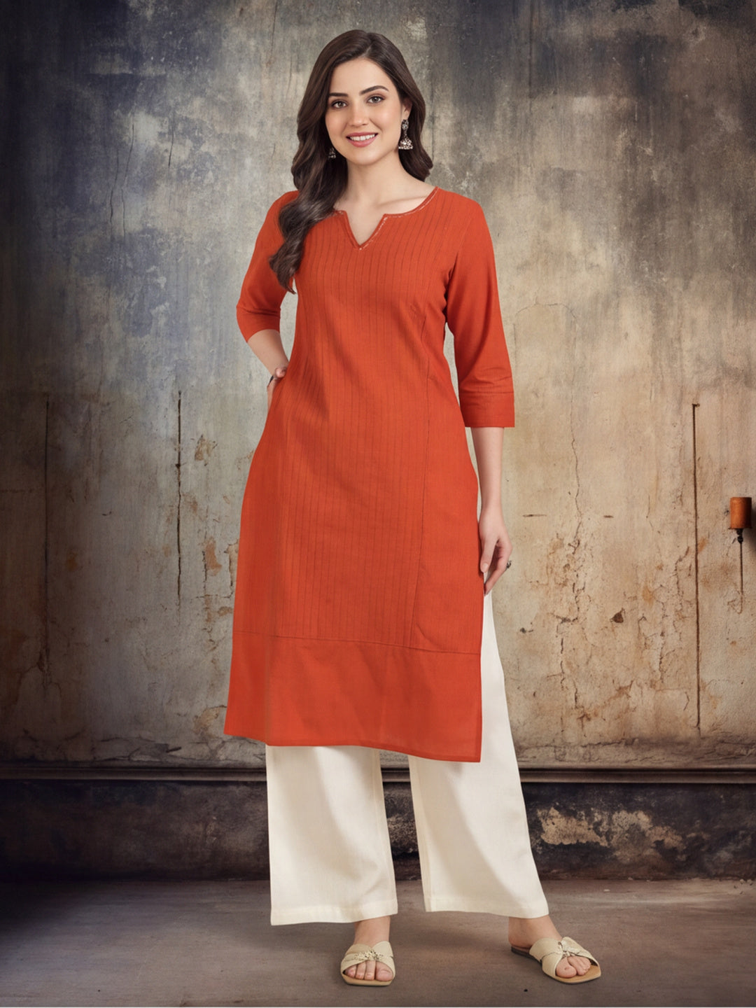 Women Keyhole Solid Staright Three Fourth Sleeve Pure Cotton Kurta
