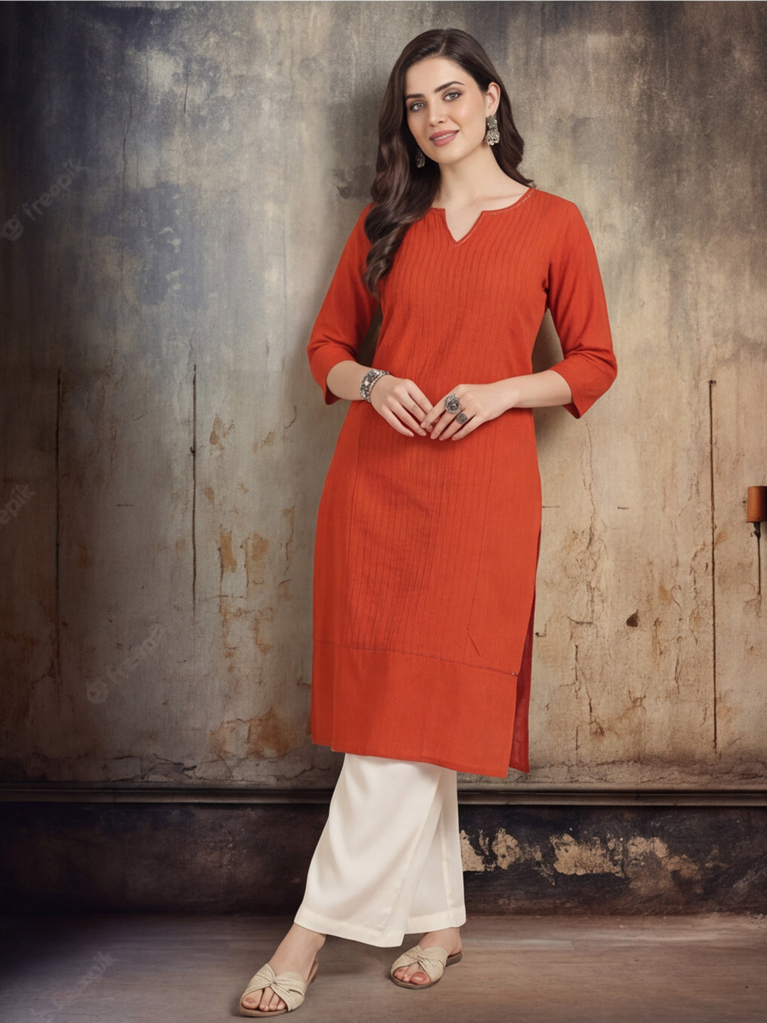 Women Keyhole Solid Staright Three Fourth Sleeve Pure Cotton Kurta