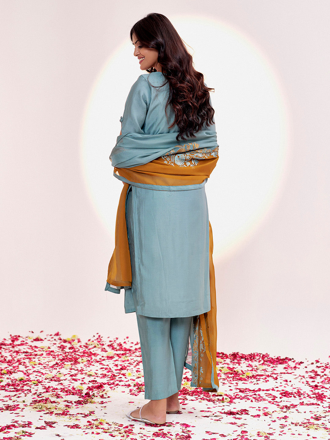 Sea Blue Resham Embroidered Festive Kurta Set With Dupatta