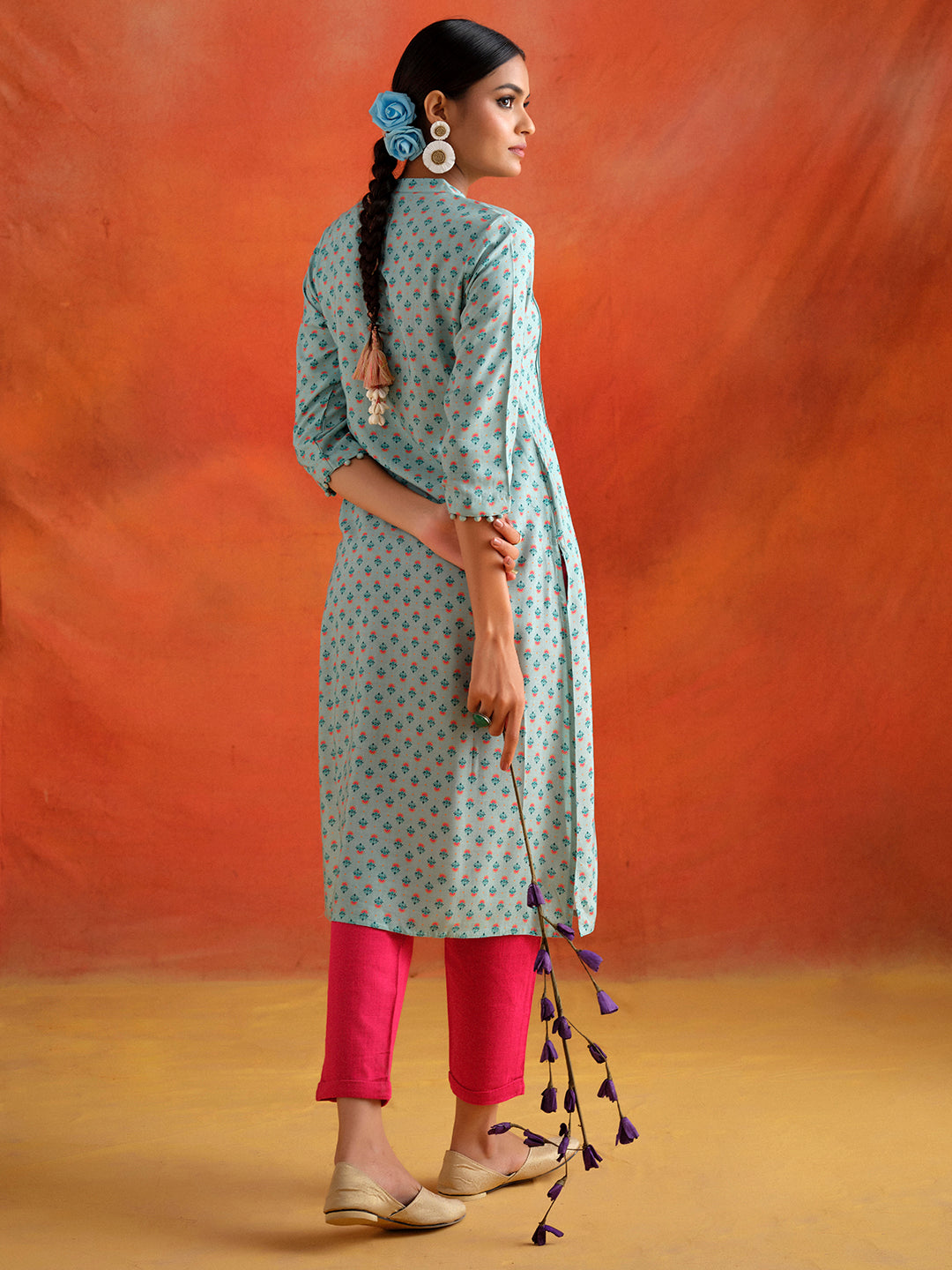 Blue Ethnic Motif Printed Straight Kurta