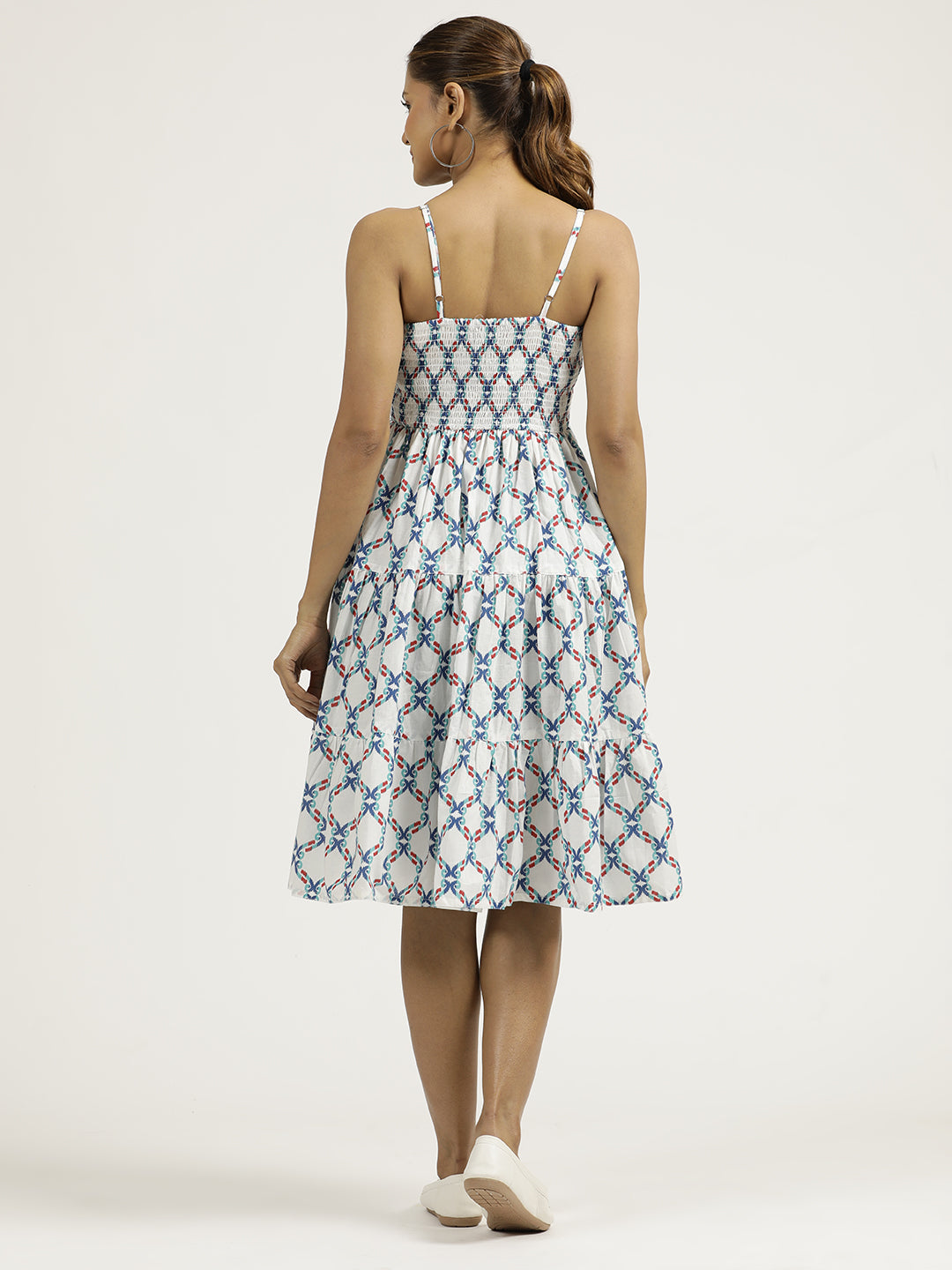 Blue Ikat Printed Tiered Cotton Strappy Dress