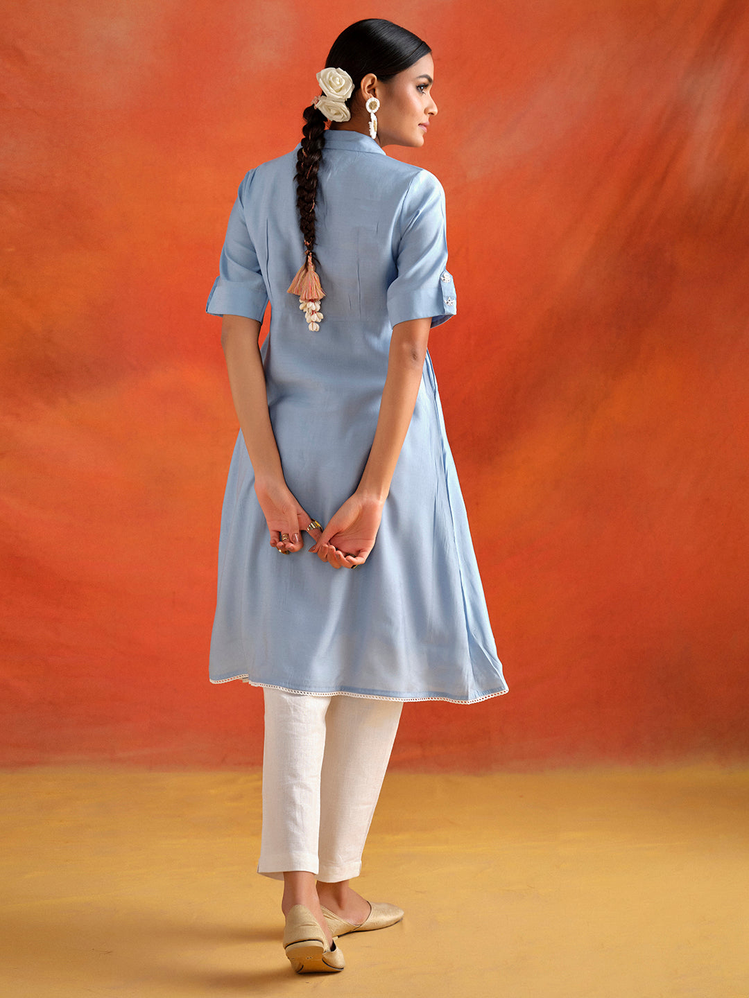 Blue Mirror Work Viscose Chanderi A-line Kurta