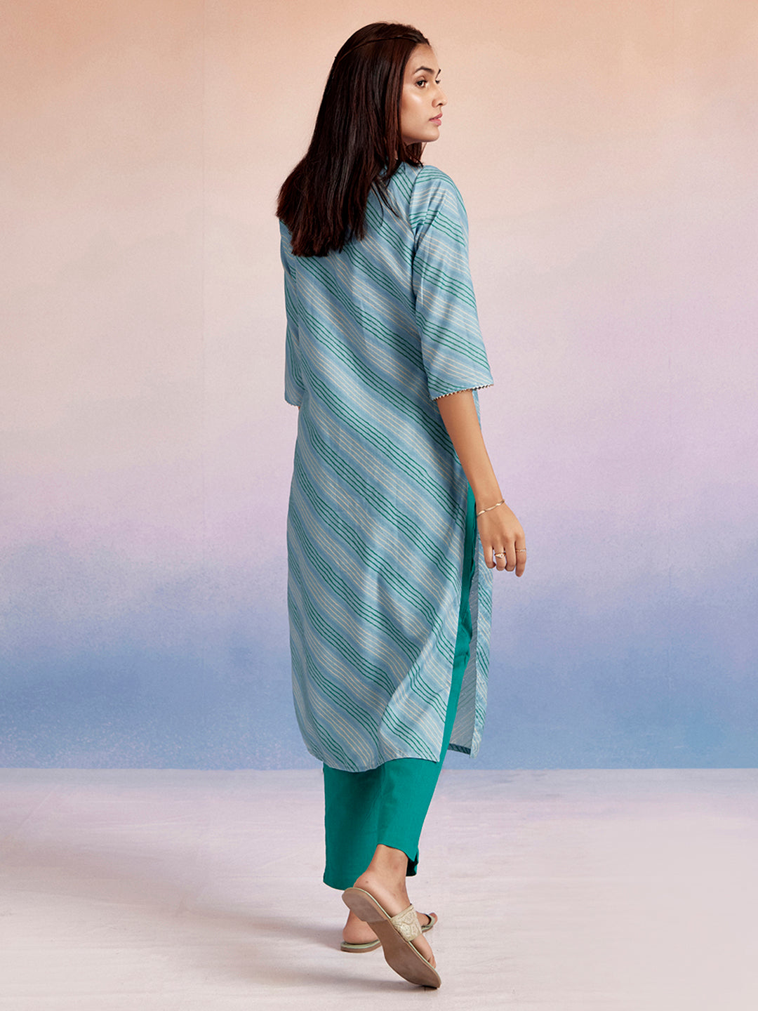 Leheriya Printed Schiffli Blue Straight Kurta