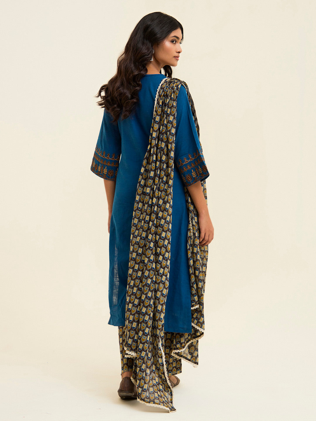 Teal Embroidered Cotton Kurta Set With Dupatta