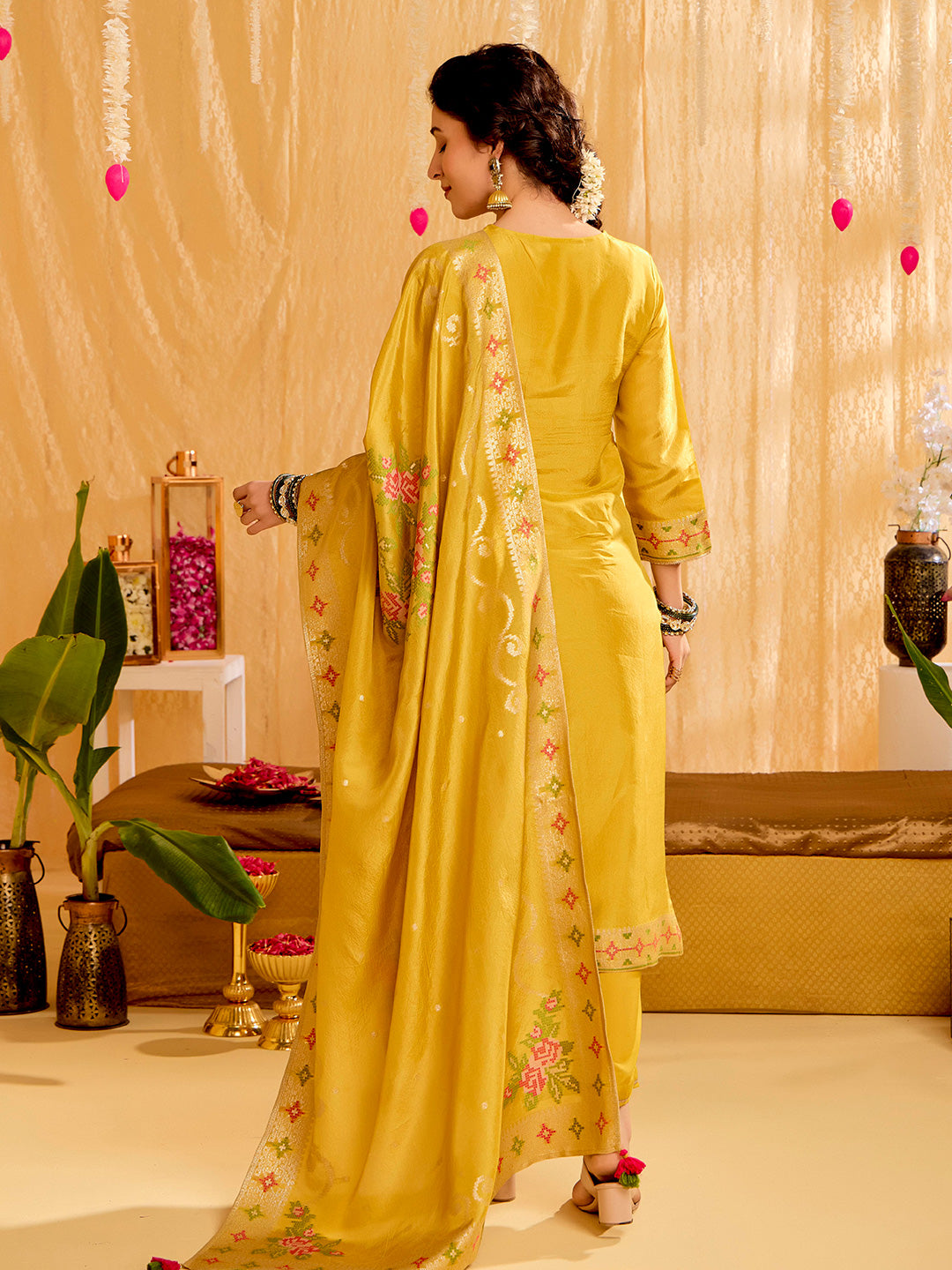 Mustard Jacquard Mirror Work Festive Kurta Set With Dupatta