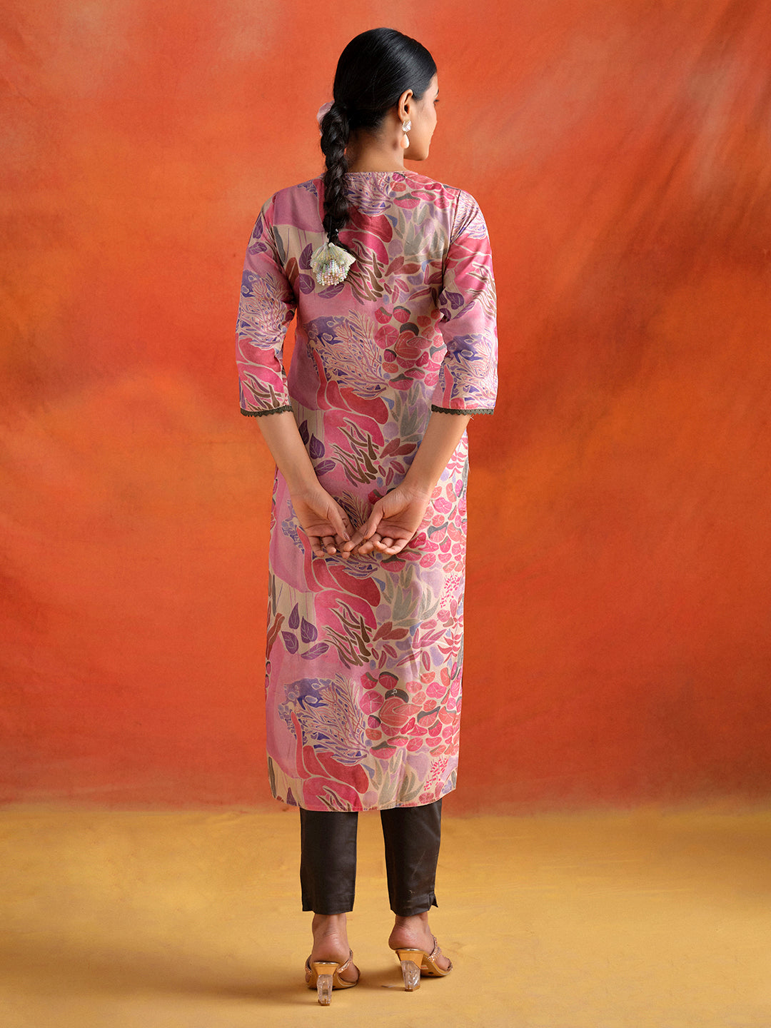 Pink Botanical Printed Embroidered Straight Kurta