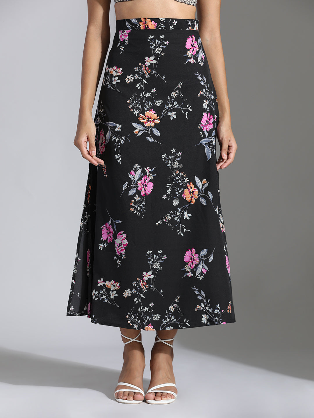 Floral Printed Crop Top With Skirt Black Co-ord Set