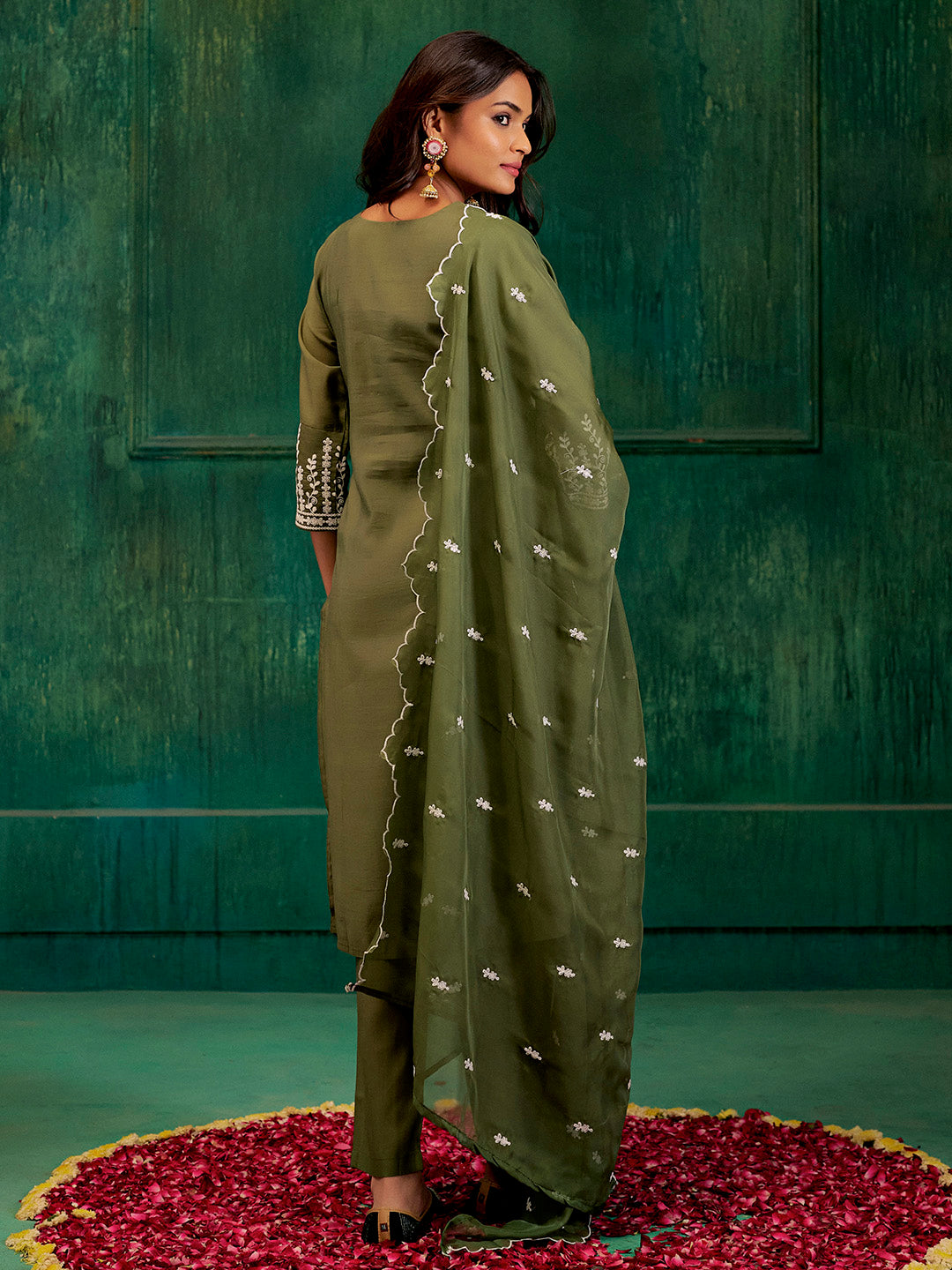 Dark Green Resham Embroidered Festive Kurta Set With Dupatta