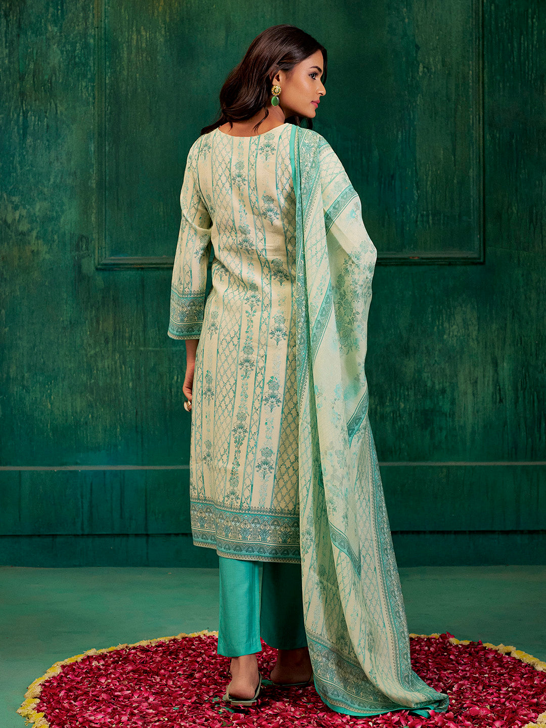 Sea Green Hand Embroidered Printed Kurta Set With Dupatta