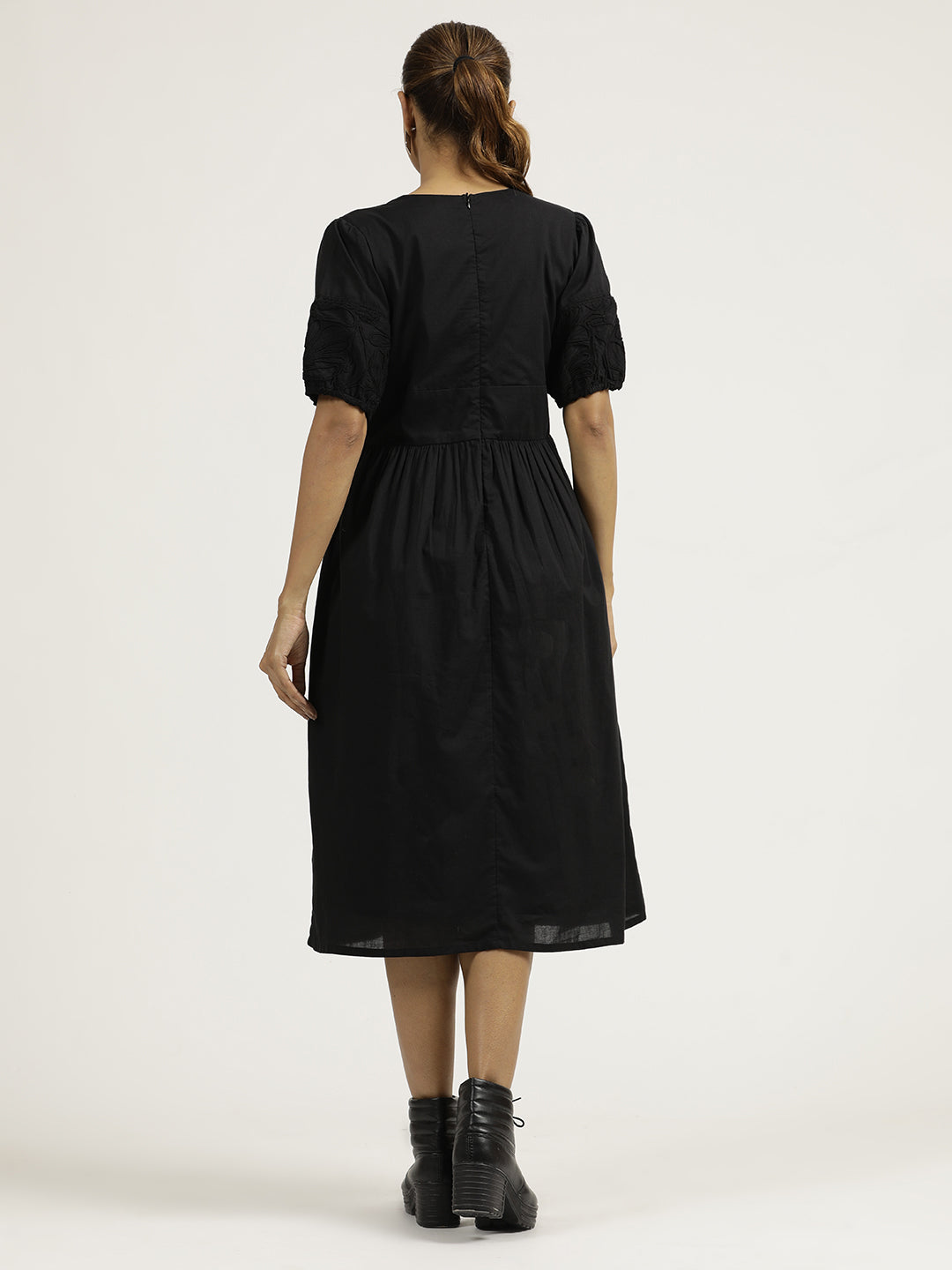 Black Dori Embroidered Gathered Cotton Dress