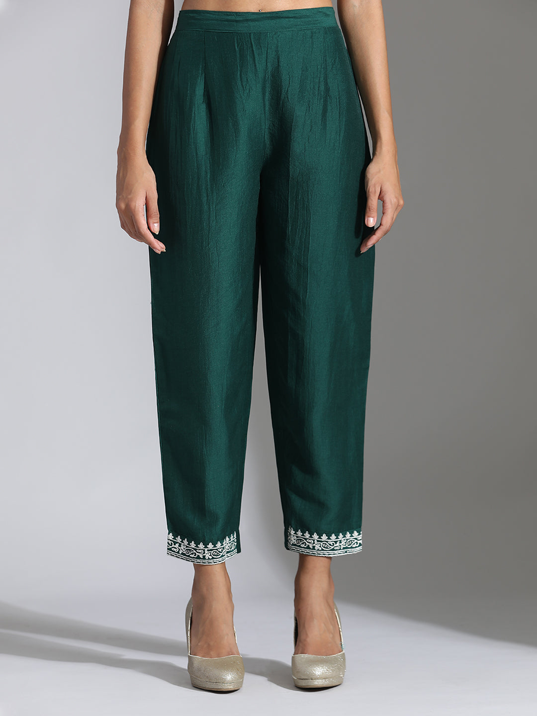 Dark Green Chinon Floral Embroidered Top With Trousers Co-ord Set