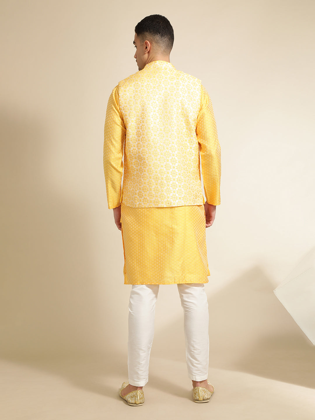 Yellow Silk Blend Kurta With Woven Design Nehru Jacket Set